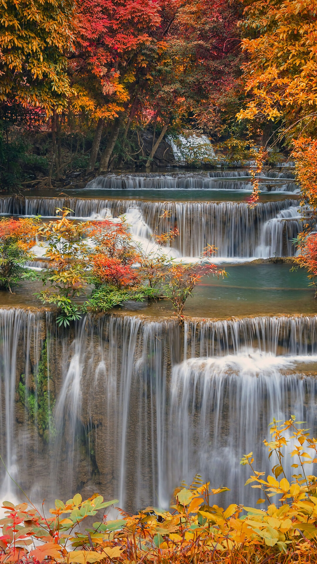 Tiered waterfall in an autumn forest HD Phone Wallpaper