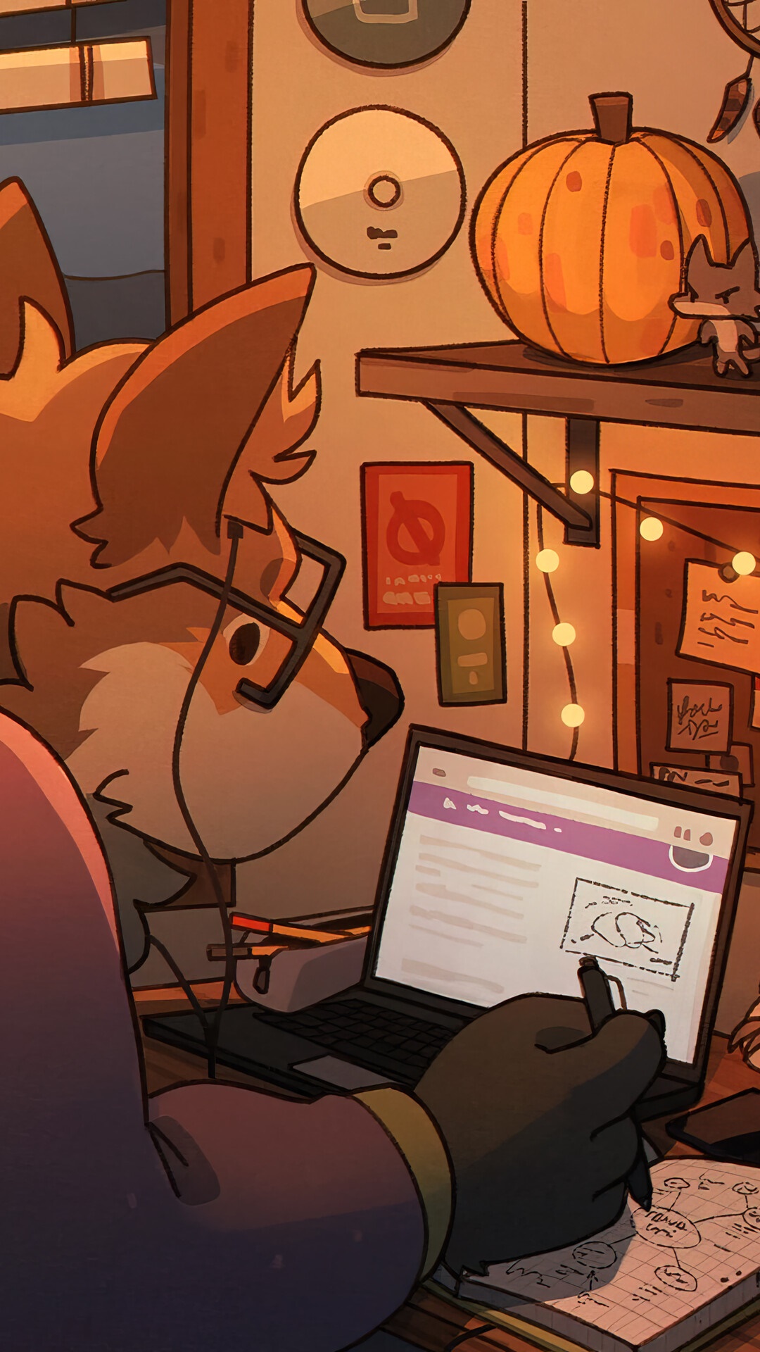 Anthropomorphic fox working on a laptop HD Phone Wallpaper