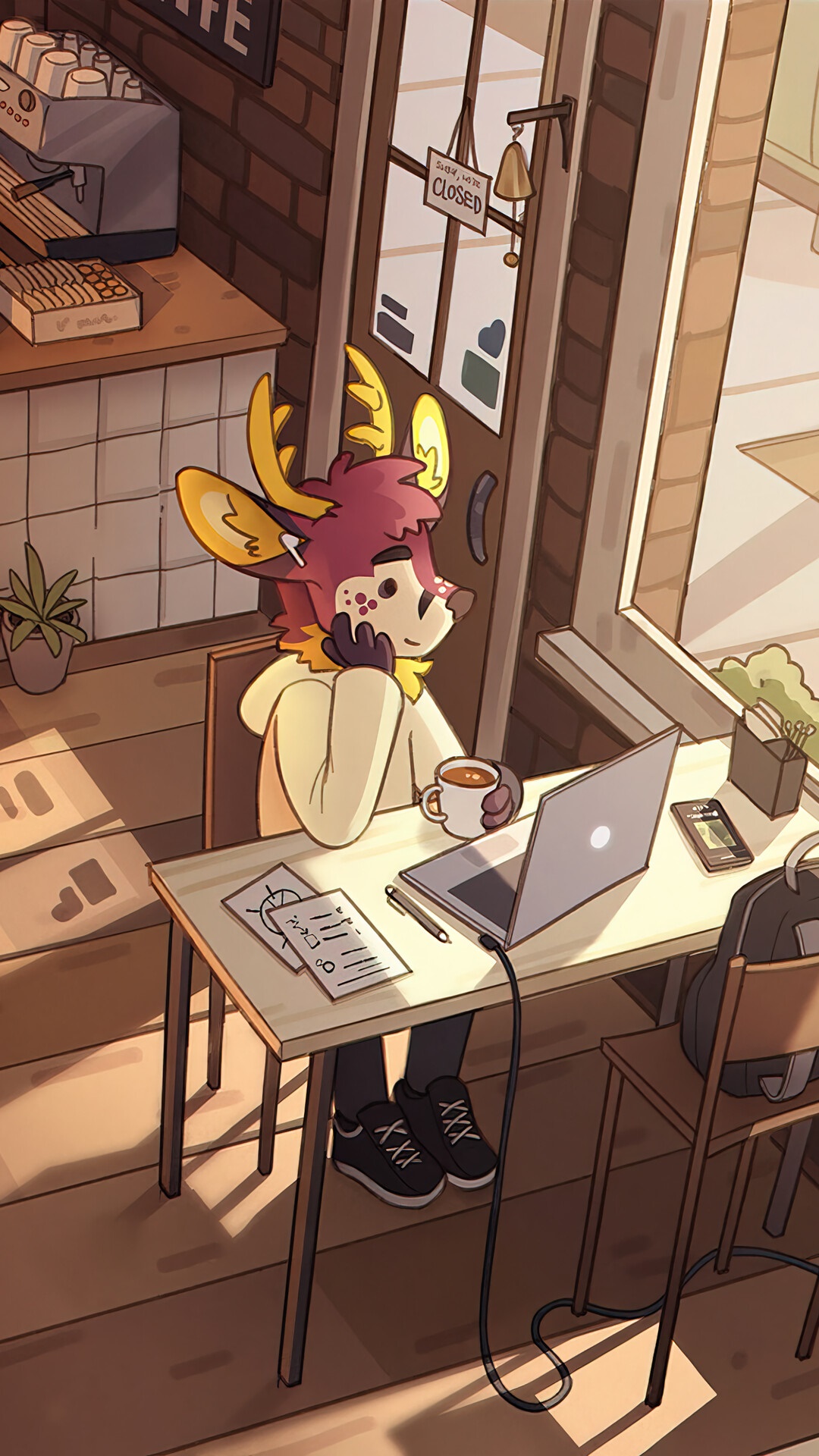 Deer person working in a cafe HD Phone Wallpaper