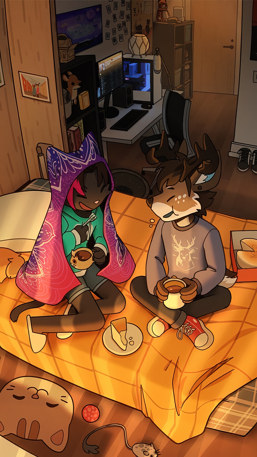 Two anthropomorphic characters enjoying tea in a bedroom HD Phone Wallpaper