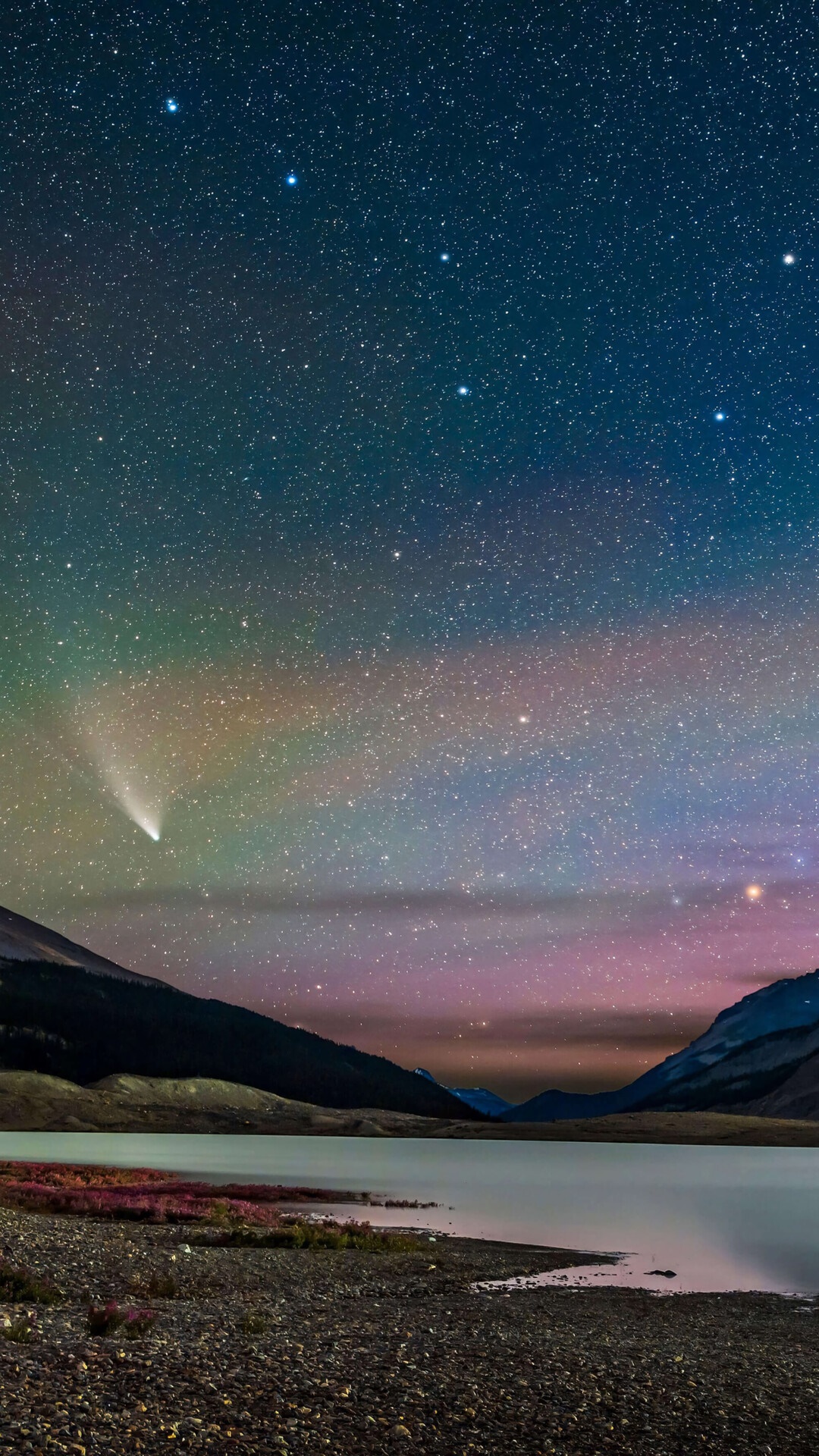 Comet over a lake and mountains at night HD Phone Wallpaper