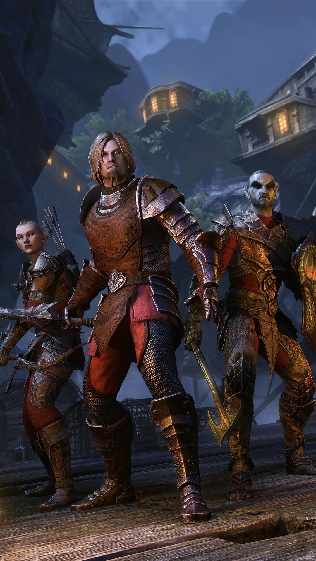 The Elder Scrolls Online characters on a wooden platform HD Phone Wallpaper
