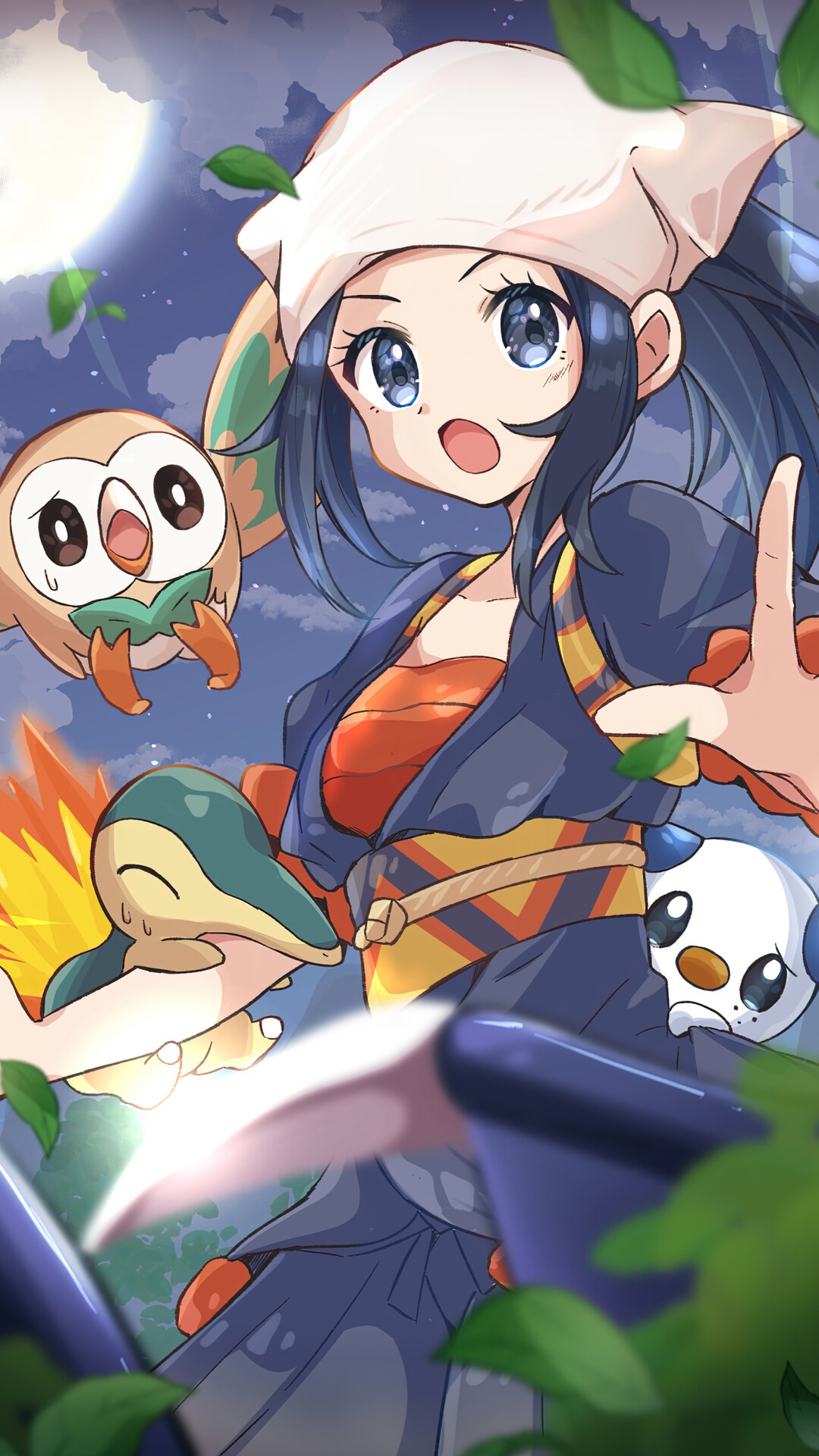 Akari from Pokemon Legends: Arceus with Cyndaquil, Oshawott, and Rowlet HD Phone Wallpaper
