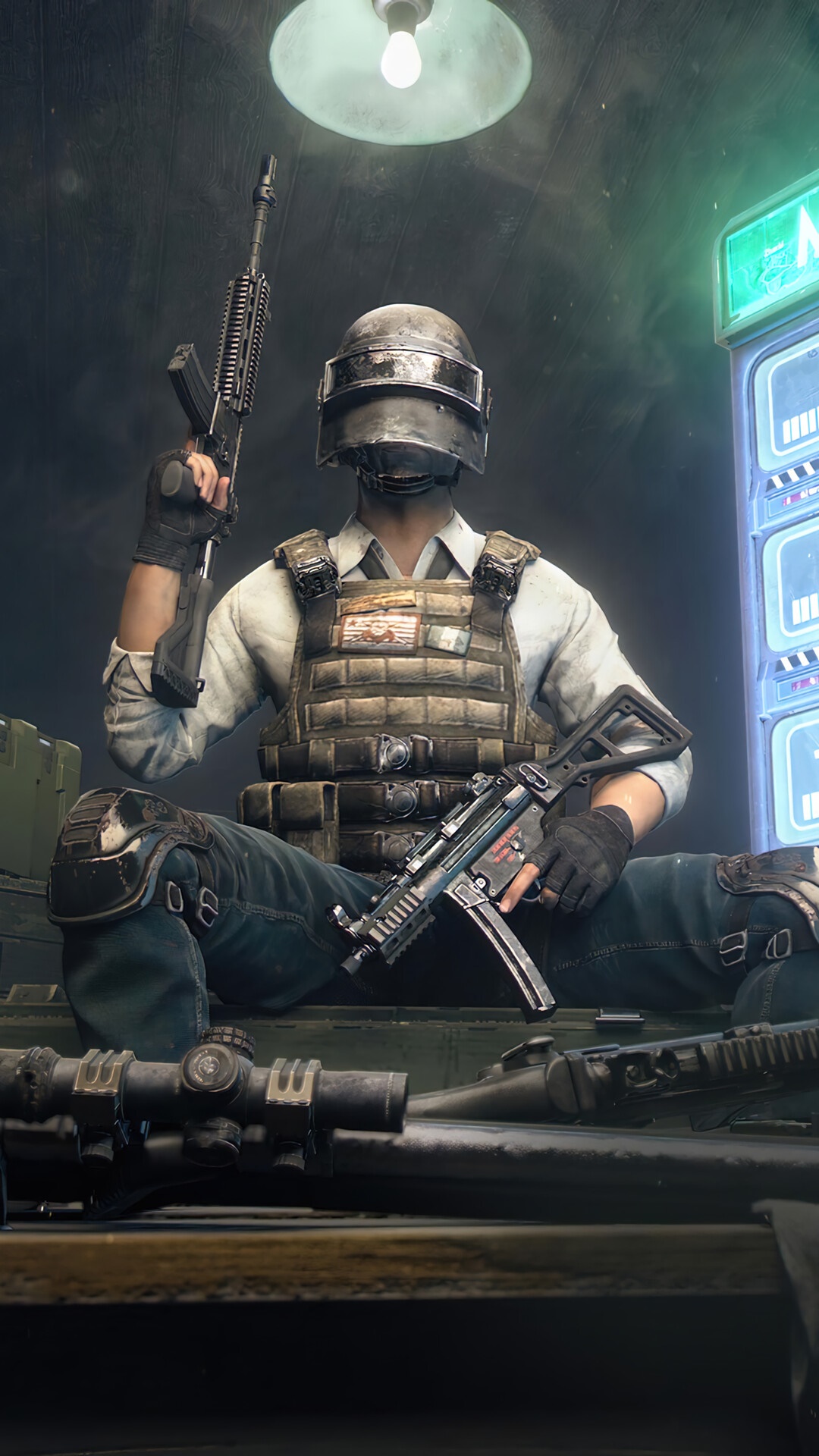 Player in PUBG armor holding guns HD Phone Wallpaper