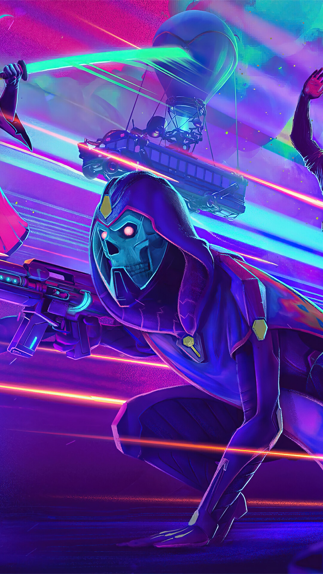 Fortnite character with skull mask and gun HD Phone Wallpaper