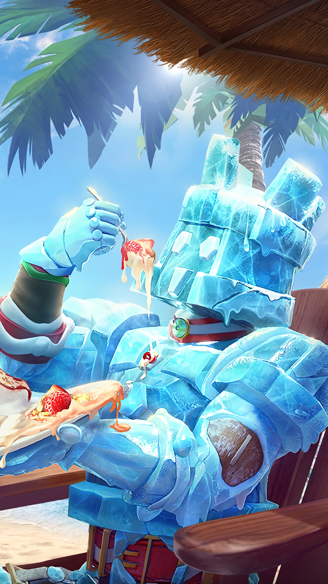 Ice Golem eating pizza on a beach HD Phone Wallpaper