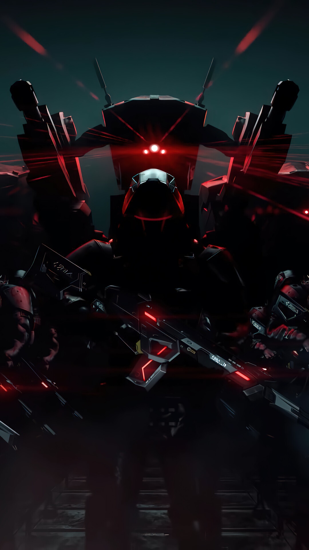 Robots and soldiers with glowing red eyes and weapons HD Phone Wallpaper
