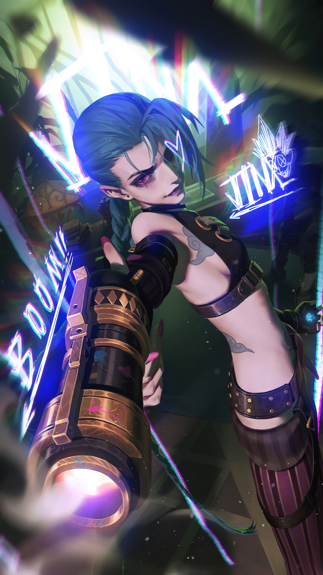Jinx from Arcane with a large weapon HD Phone Wallpaper
