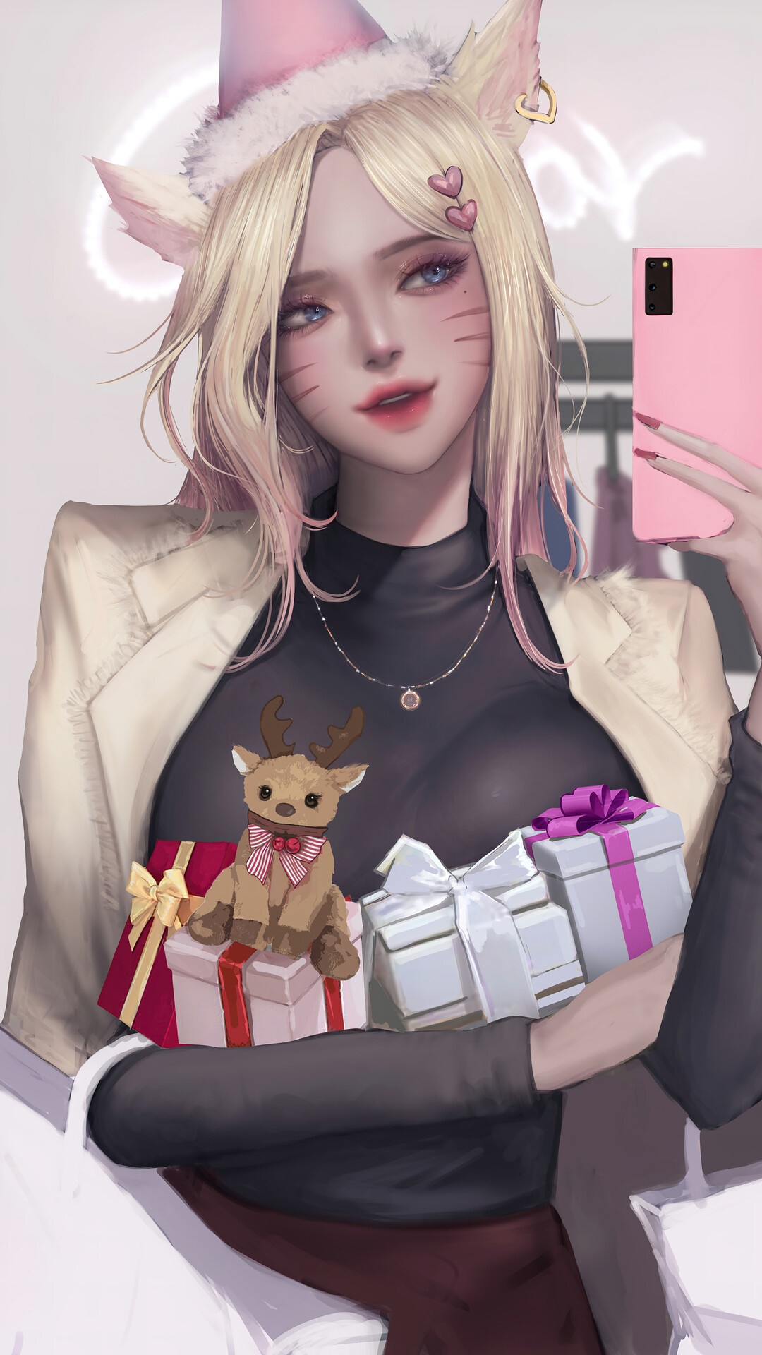 Ahri from League of Legends holding gifts and a phone HD Phone Wallpaper