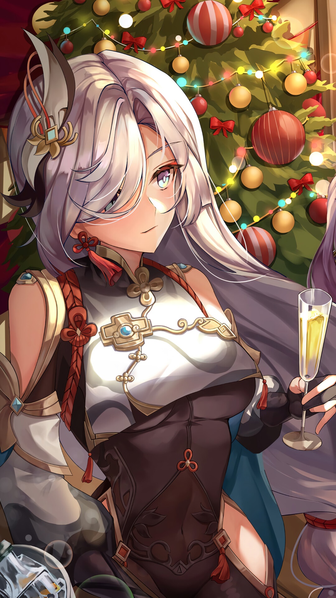 Shenhe from Genshin Impact with a Christmas Tree HD Phone Wallpaper