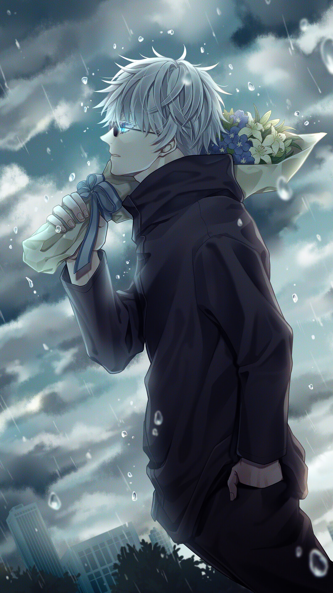 Satoru Gojo from Jujutsu Kaisen holding flowers in the rain HD Phone Wallpaper