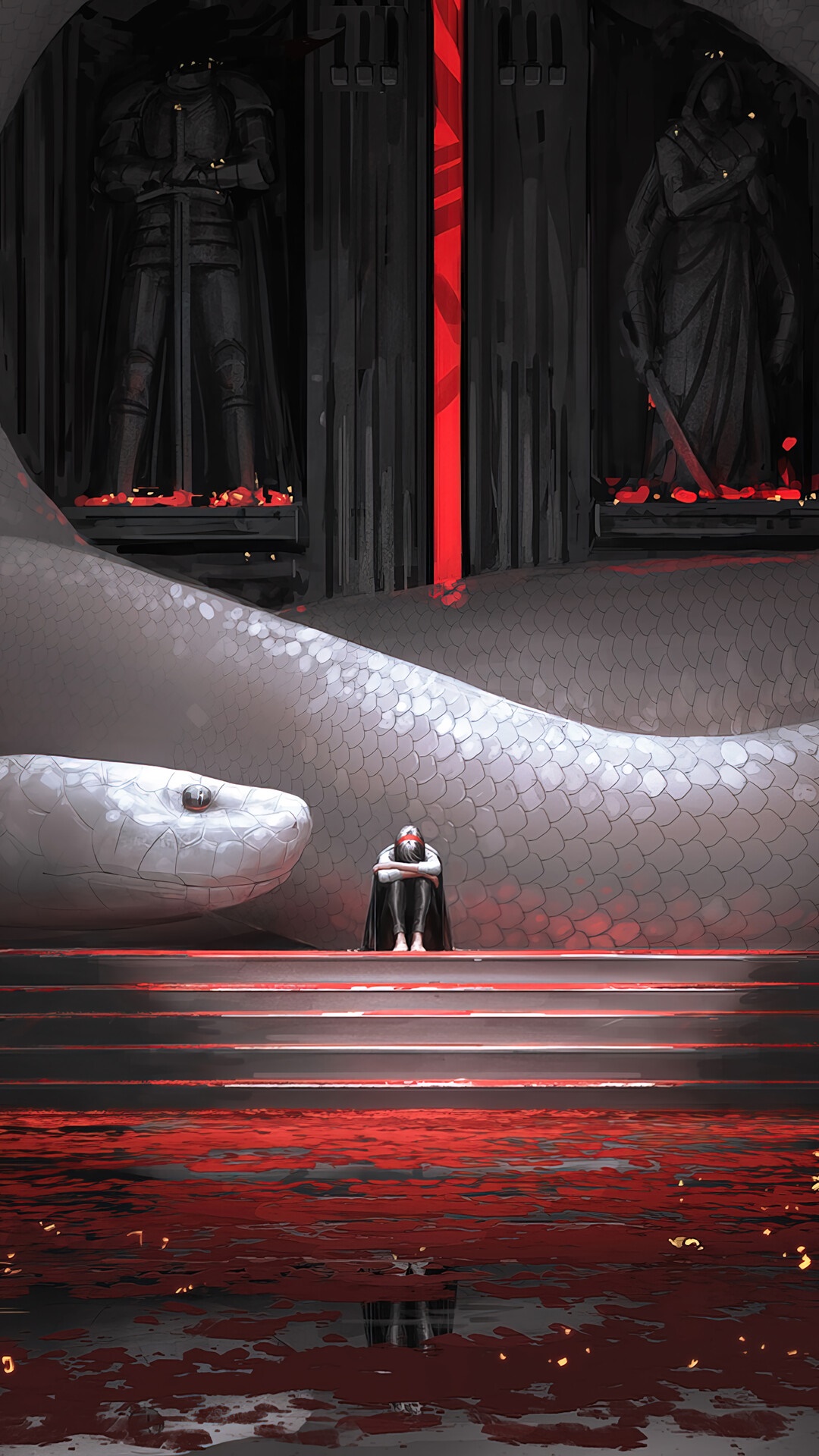 A person sits before a giant snake in a dark hall HD Phone Wallpaper