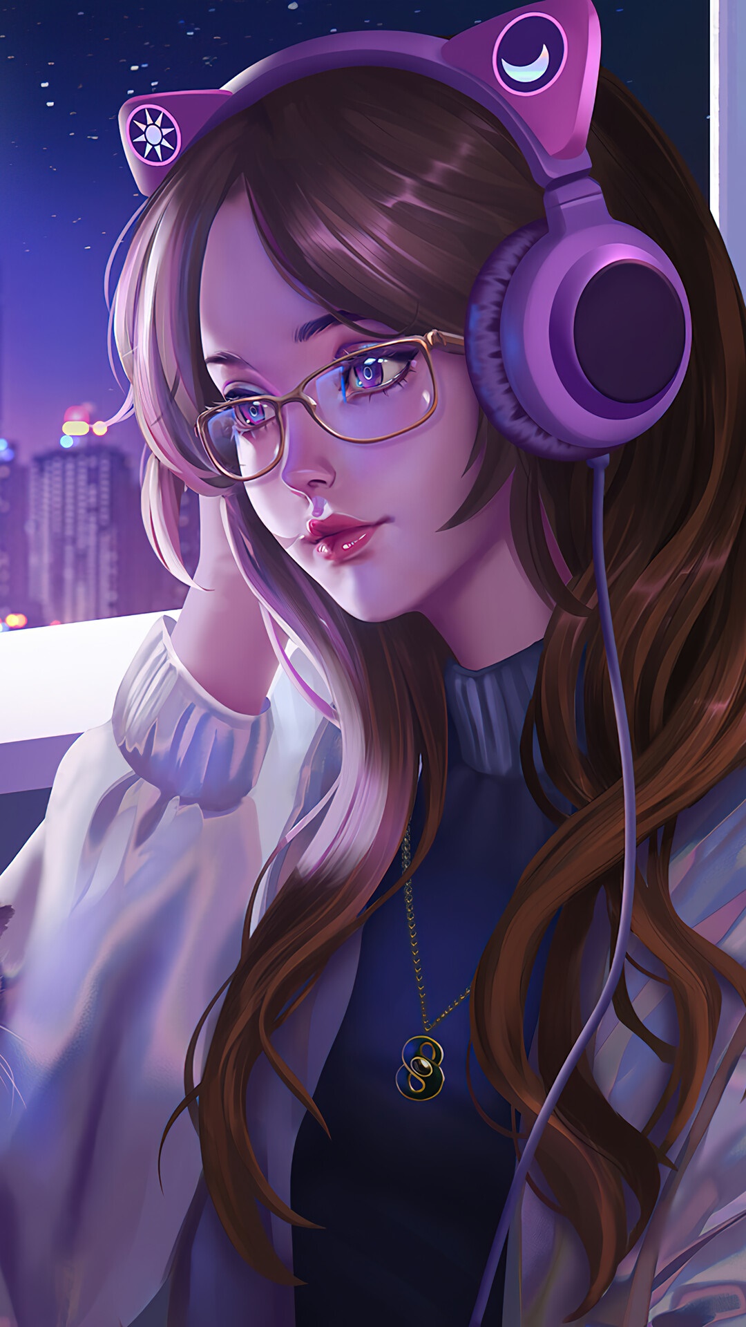 Anime girl with cat ear headphones listening to music HD Phone Wallpaper