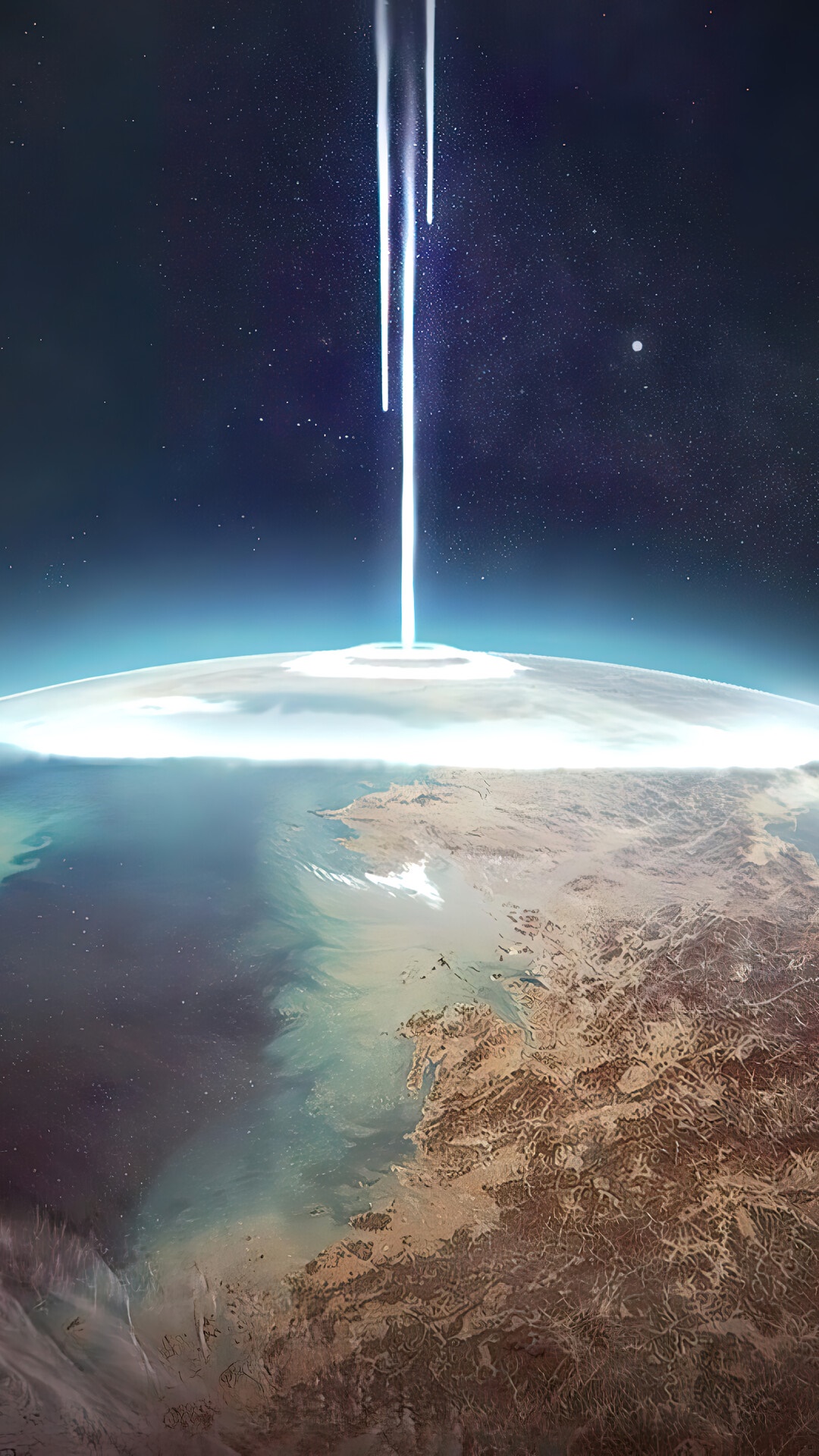 Planet Earth with beams of light from space HD Phone Wallpaper