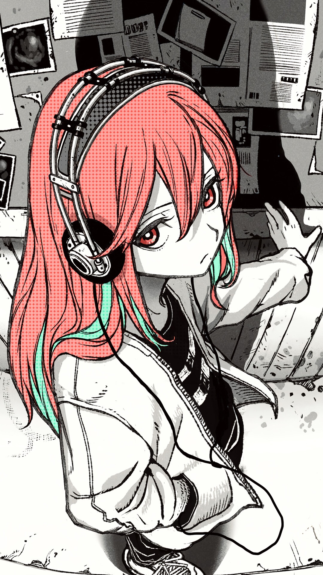 Anime girl with headphones and pink hair HD Phone Wallpaper