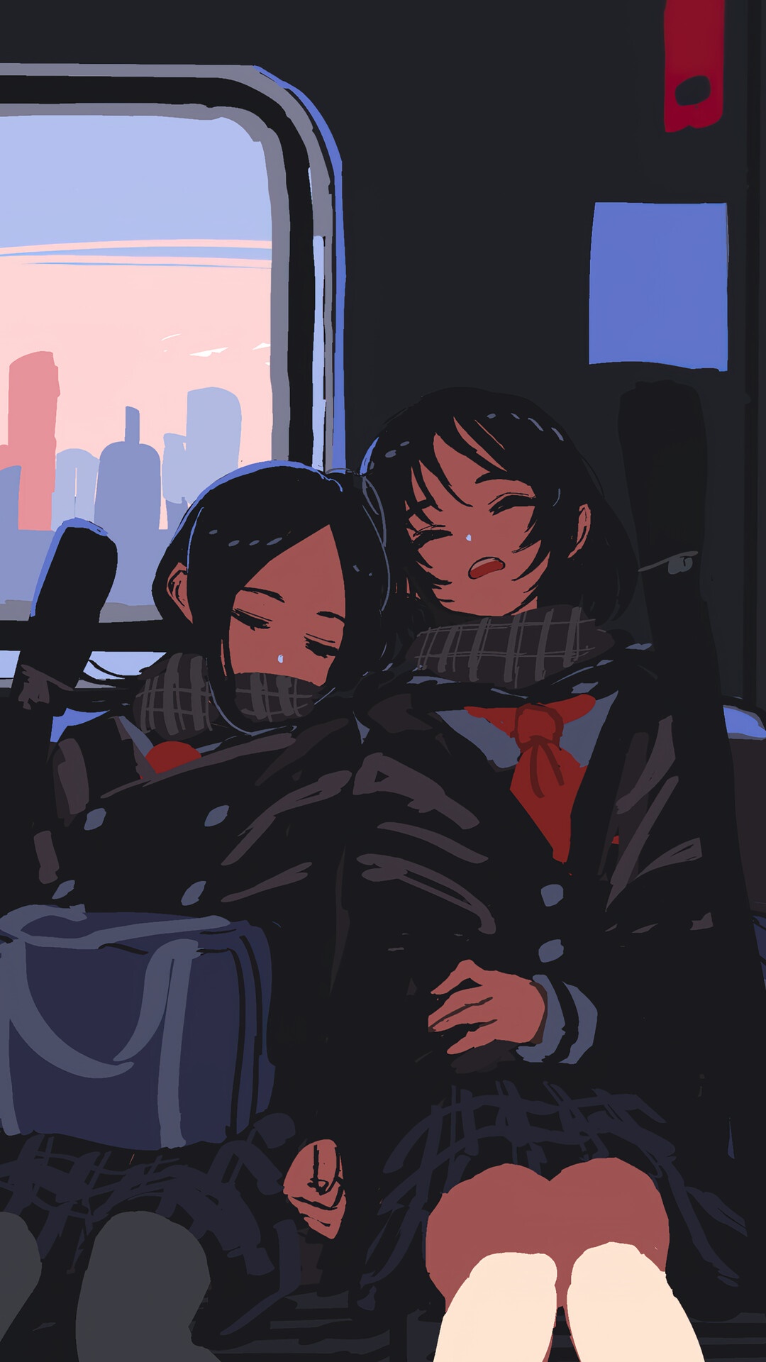 Two anime girls sleeping on a train HD Phone Wallpaper