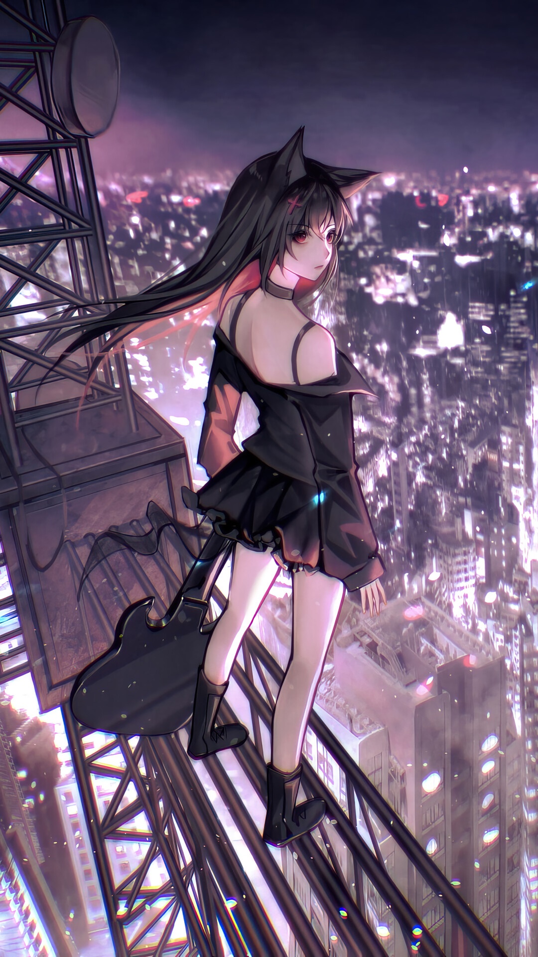 Anime girl with cat ears and guitar on a tower overlooking city HD Phone Wallpaper