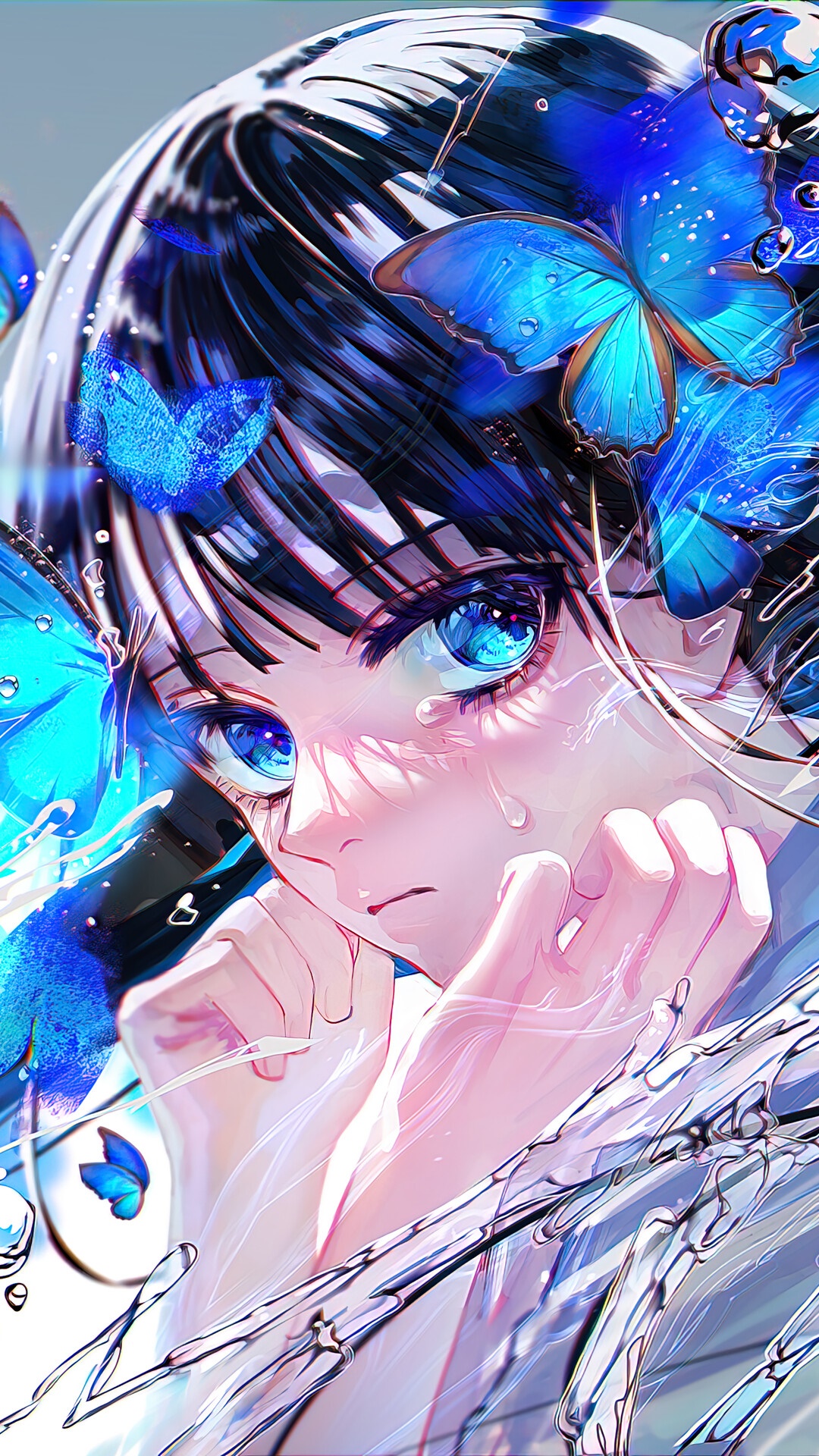 Anime girl with blue butterflies and tears HD Phone Wallpaper