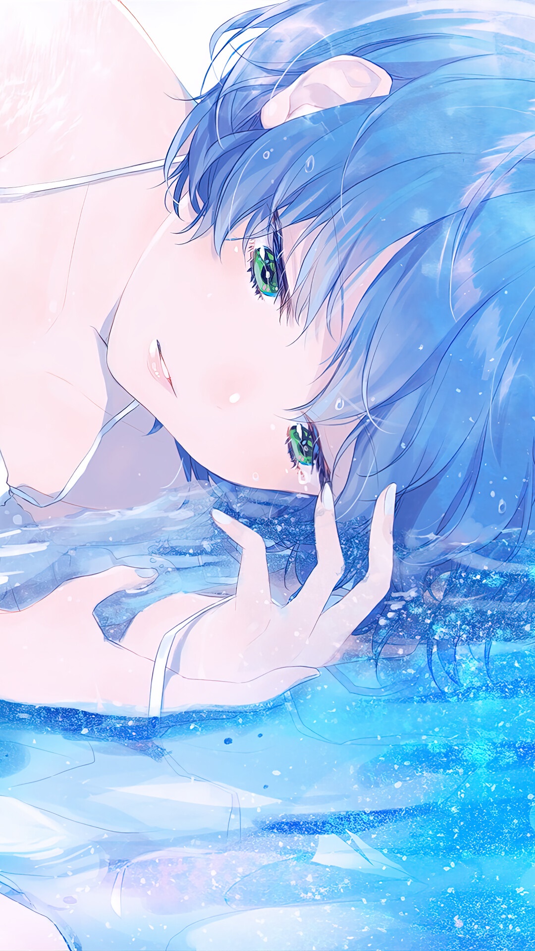 Anime girl with blue hair and green eyes in water HD Phone Wallpaper