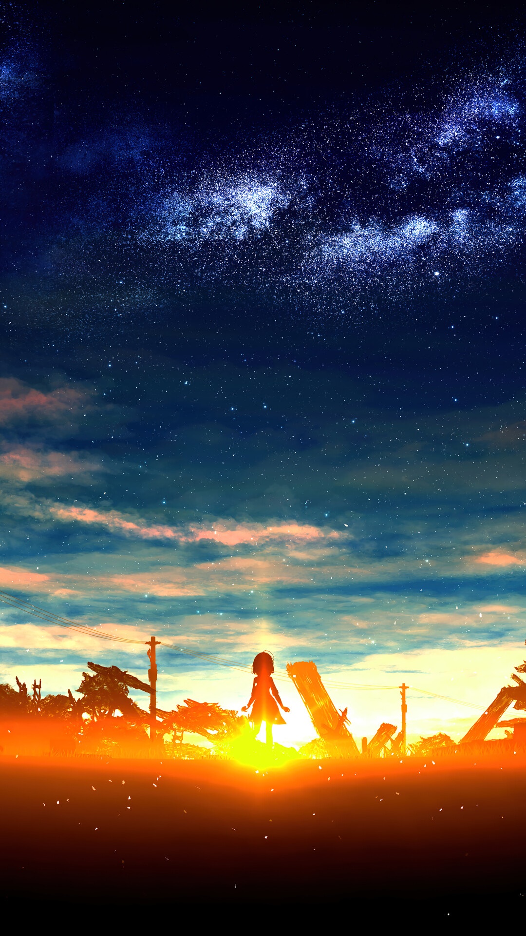 Anime girl silhouetted against a sunset with a starry sky HD Phone Wallpaper