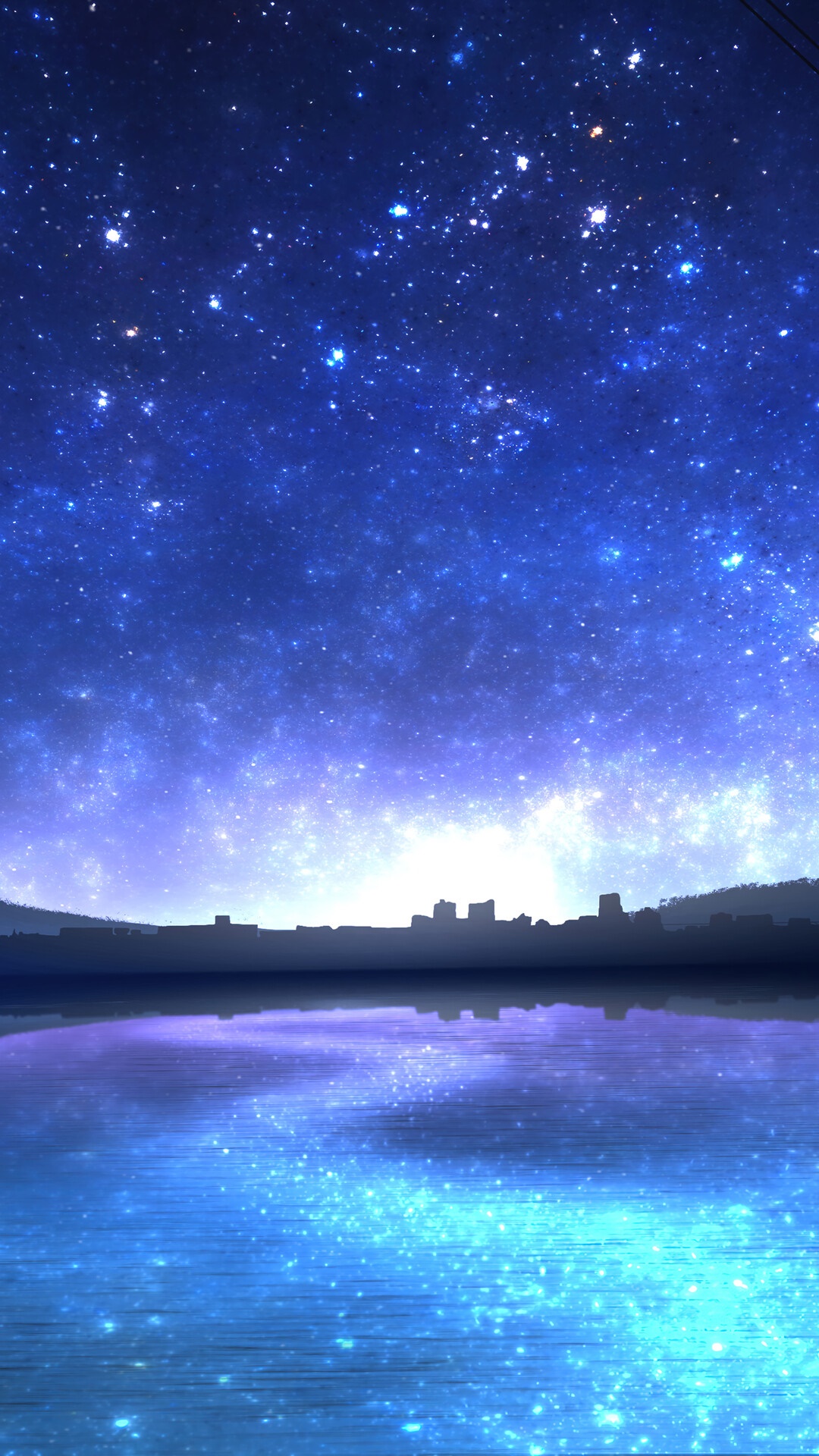 Anime night sky with stars over a city and lake HD Phone Wallpaper