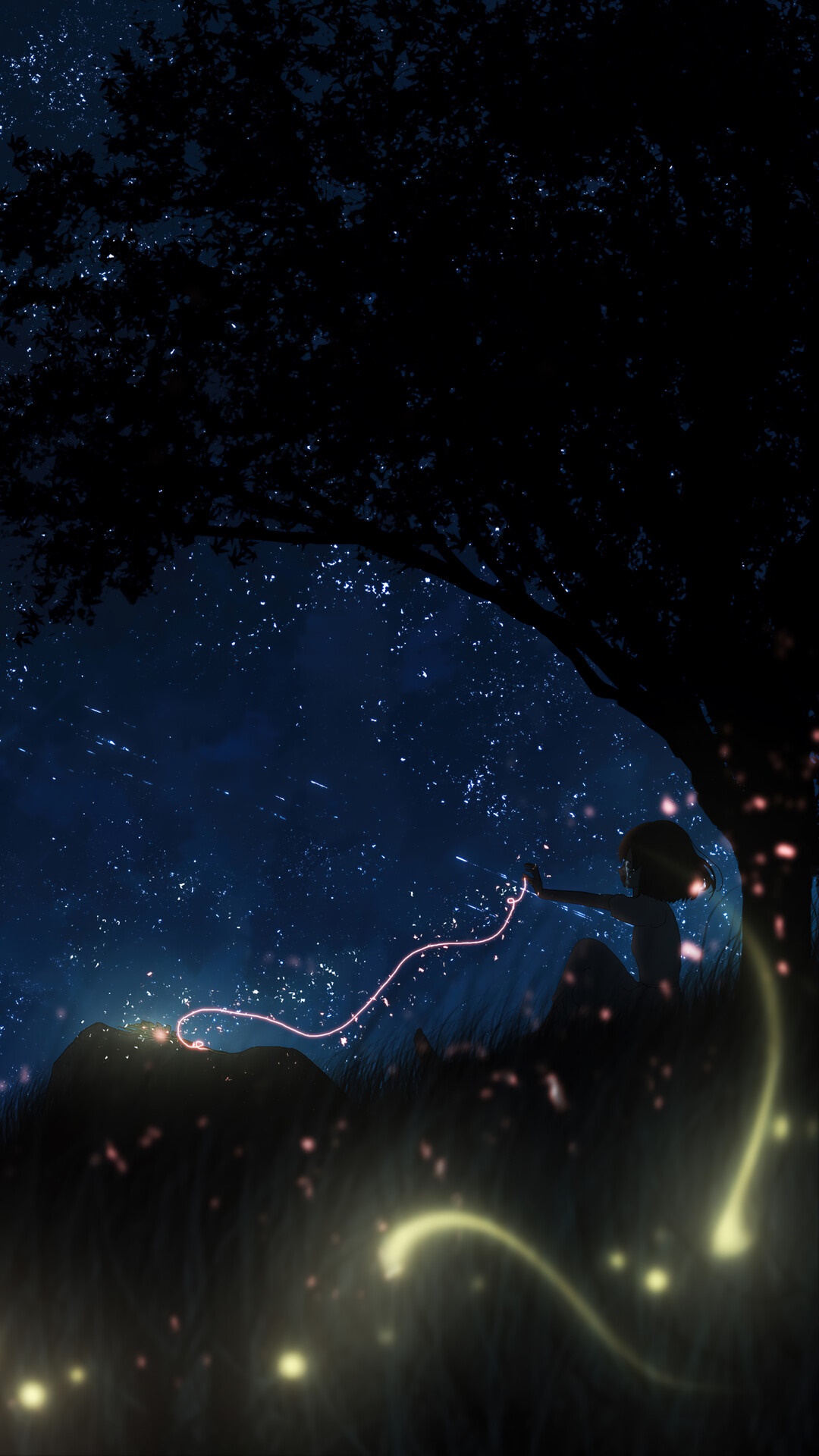 Girl with glowing string under starry night sky HD Phone Wallpaper