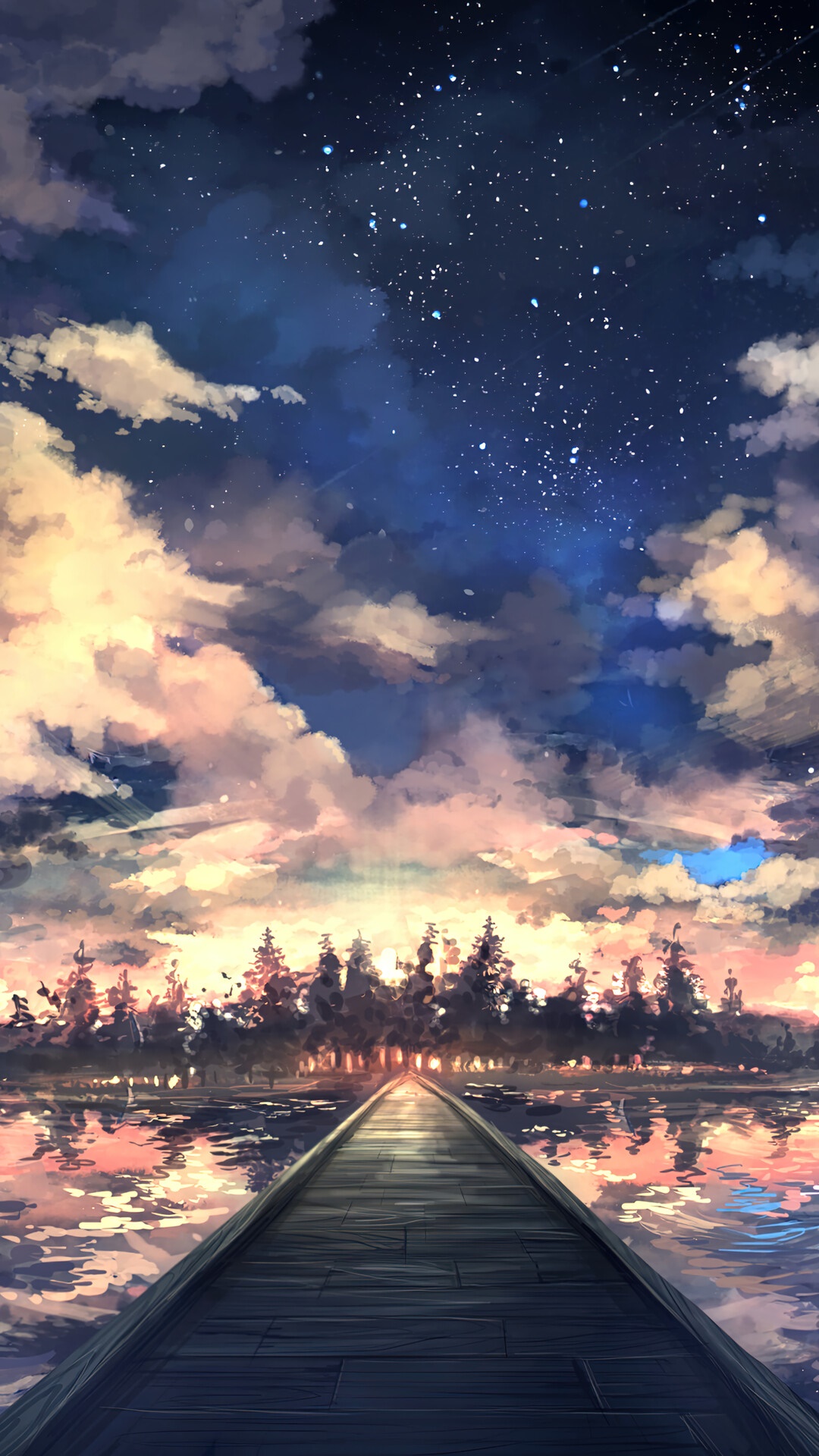Wooden pier on a lake under a starry sky with clouds HD Phone Wallpaper