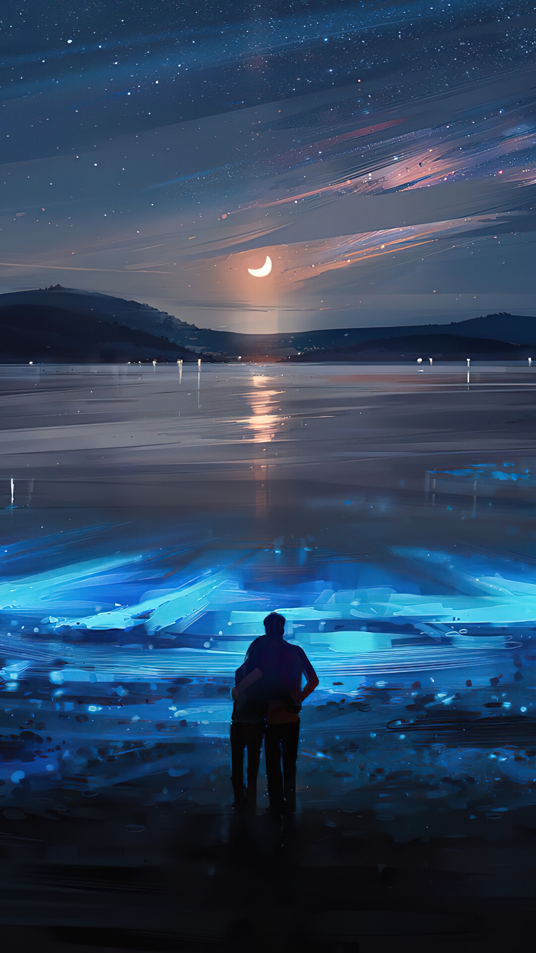 Couple watching the moonlit night sky over a lake HD Phone Wallpaper