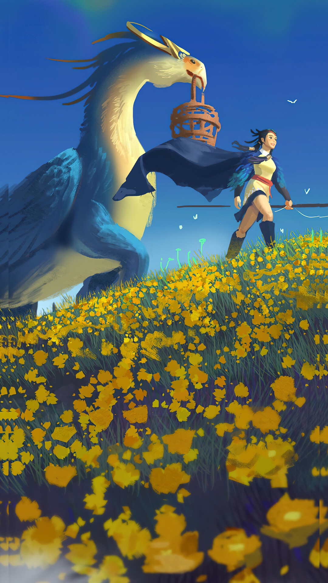 Fantasy creature and woman in a field of flowers HD Phone Wallpaper