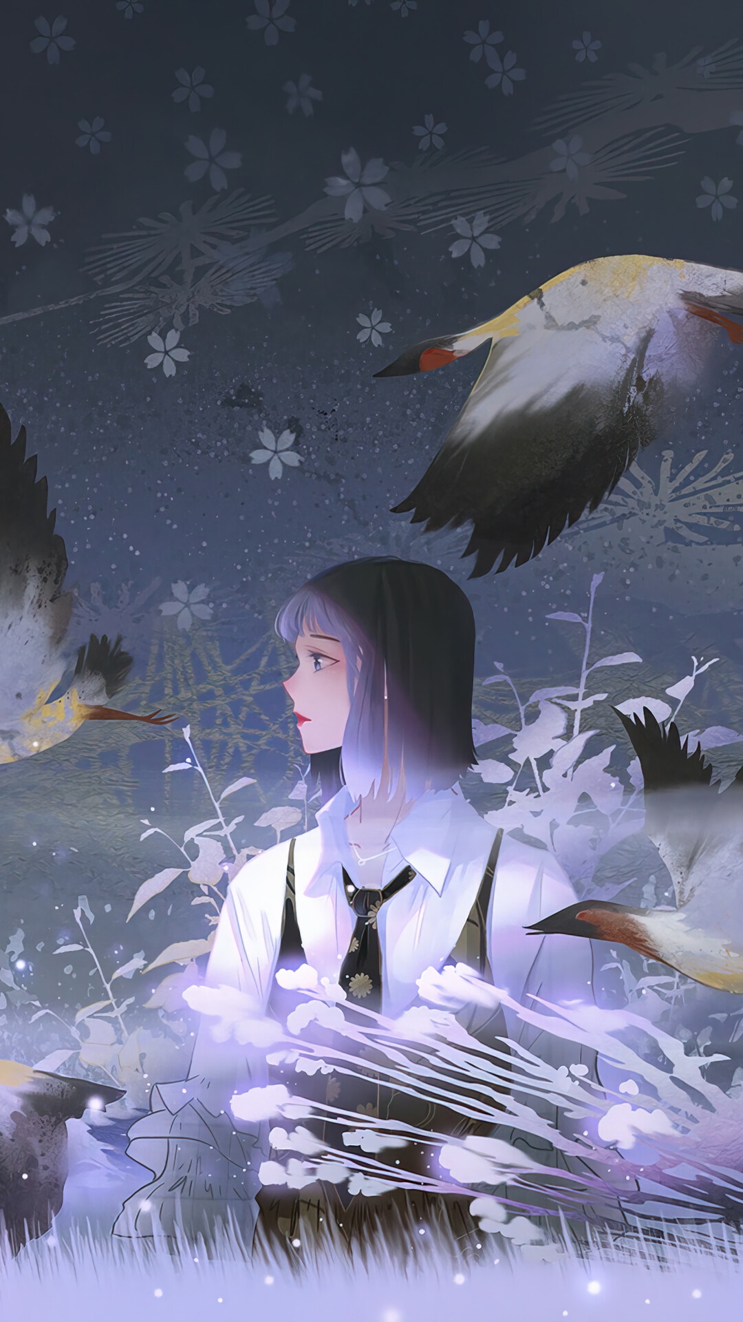 Anime girl with cranes and flowers HD Phone Wallpaper