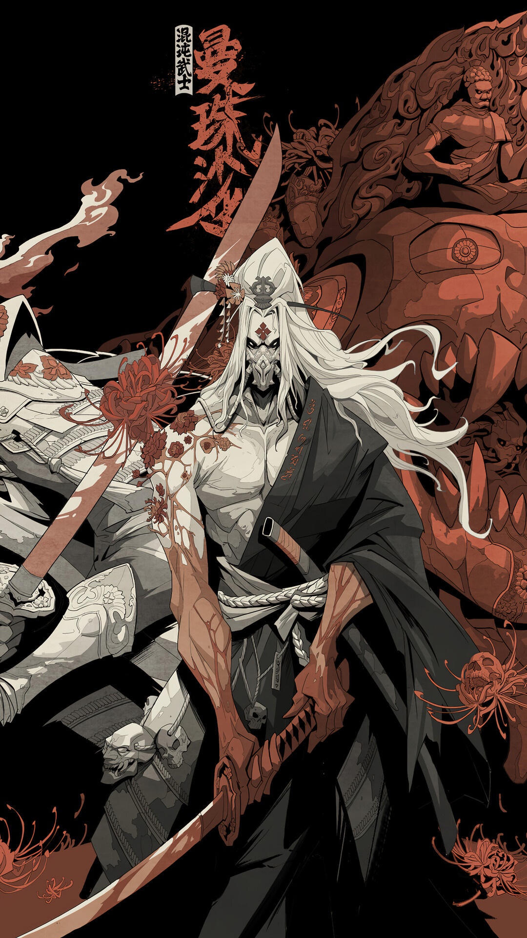 Samurai warrior with mask and long white hair HD Phone Wallpaper