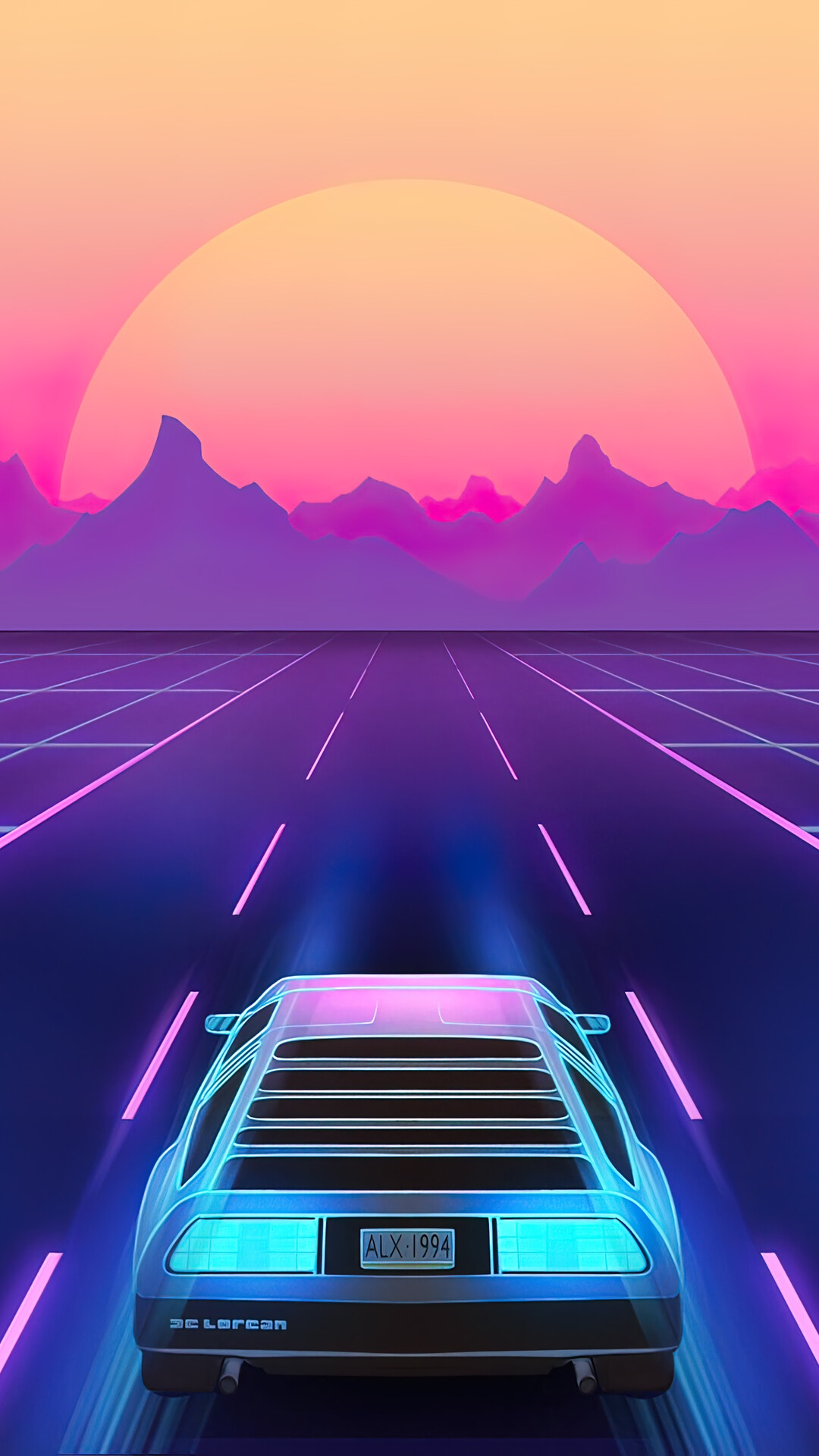 Retrowave DeLorean driving towards a neon sunset HD Phone Wallpaper