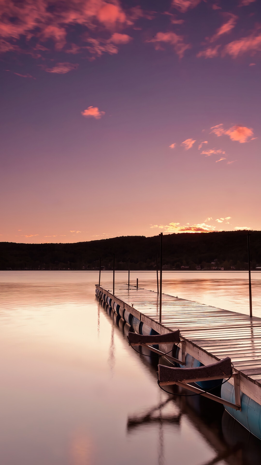 Wooden dock on a calm lake at sunset HD Phone Wallpaper