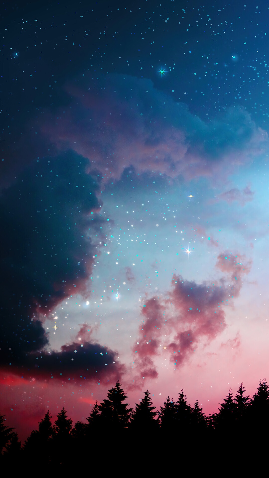 Night sky with stars and clouds over a forest HD Phone Wallpaper