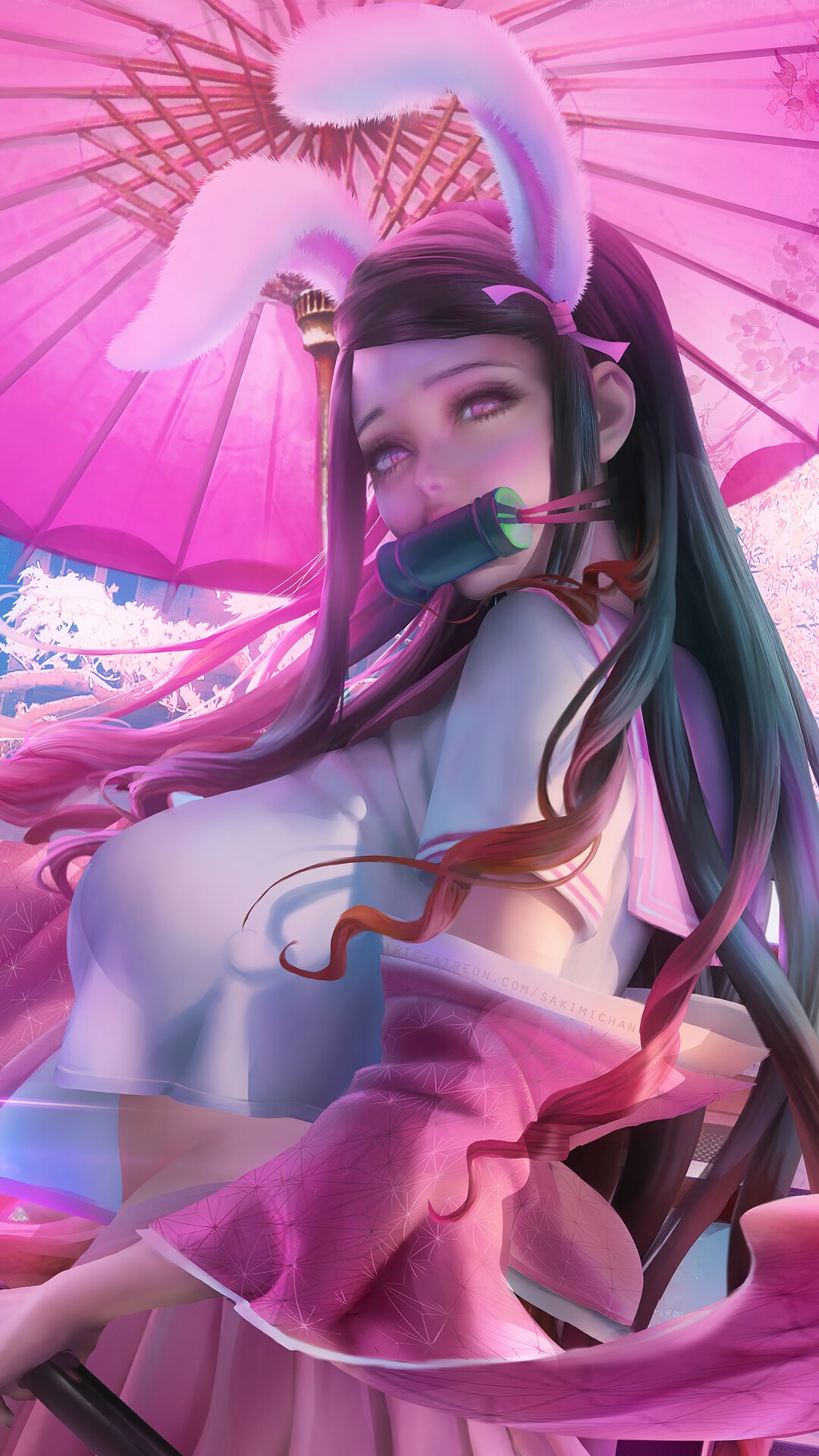 Nezuko Kamado from Demon Slayer with Bunny Ears HD Phone Wallpaper