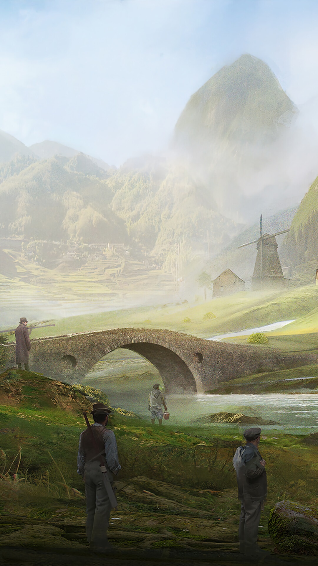 People by a stone bridge in a misty mountain landscape HD Phone Wallpaper