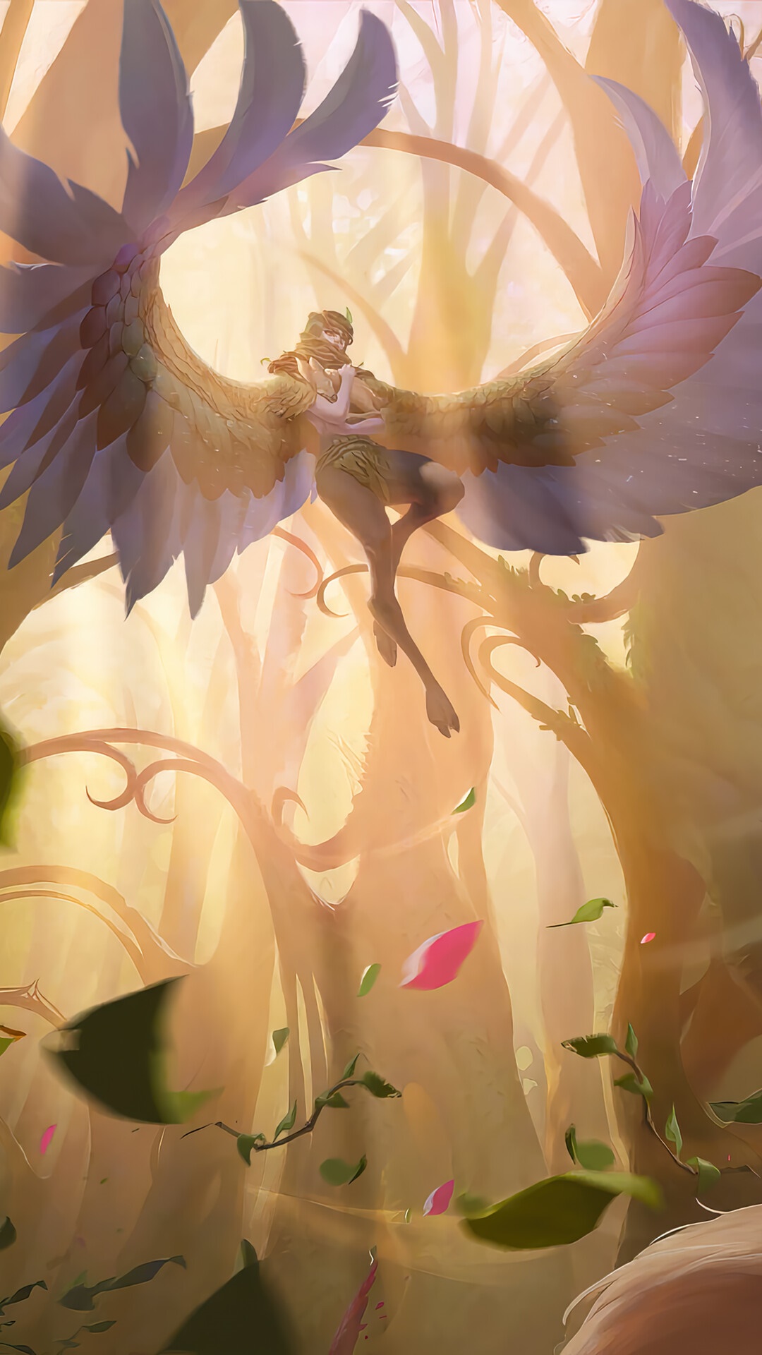 Avian woman with large wings in a sunlit forest HD Phone Wallpaper