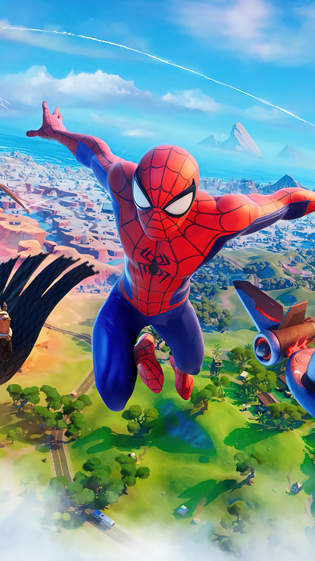 Spider-Man from Fortnite flying over a landscape HD Phone Wallpaper