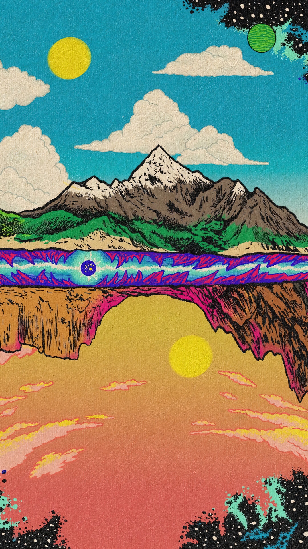 Surreal landscape with mountains and reflection HD Phone Wallpaper