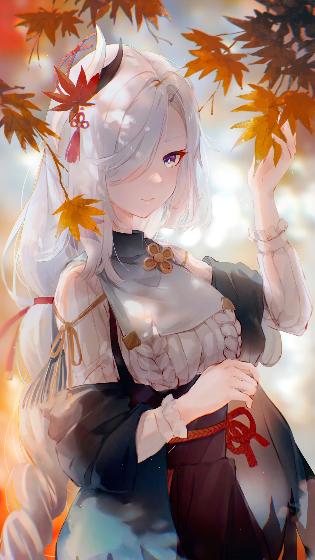 Shenhe from Genshin Impact with autumn leaves HD Phone Wallpaper
