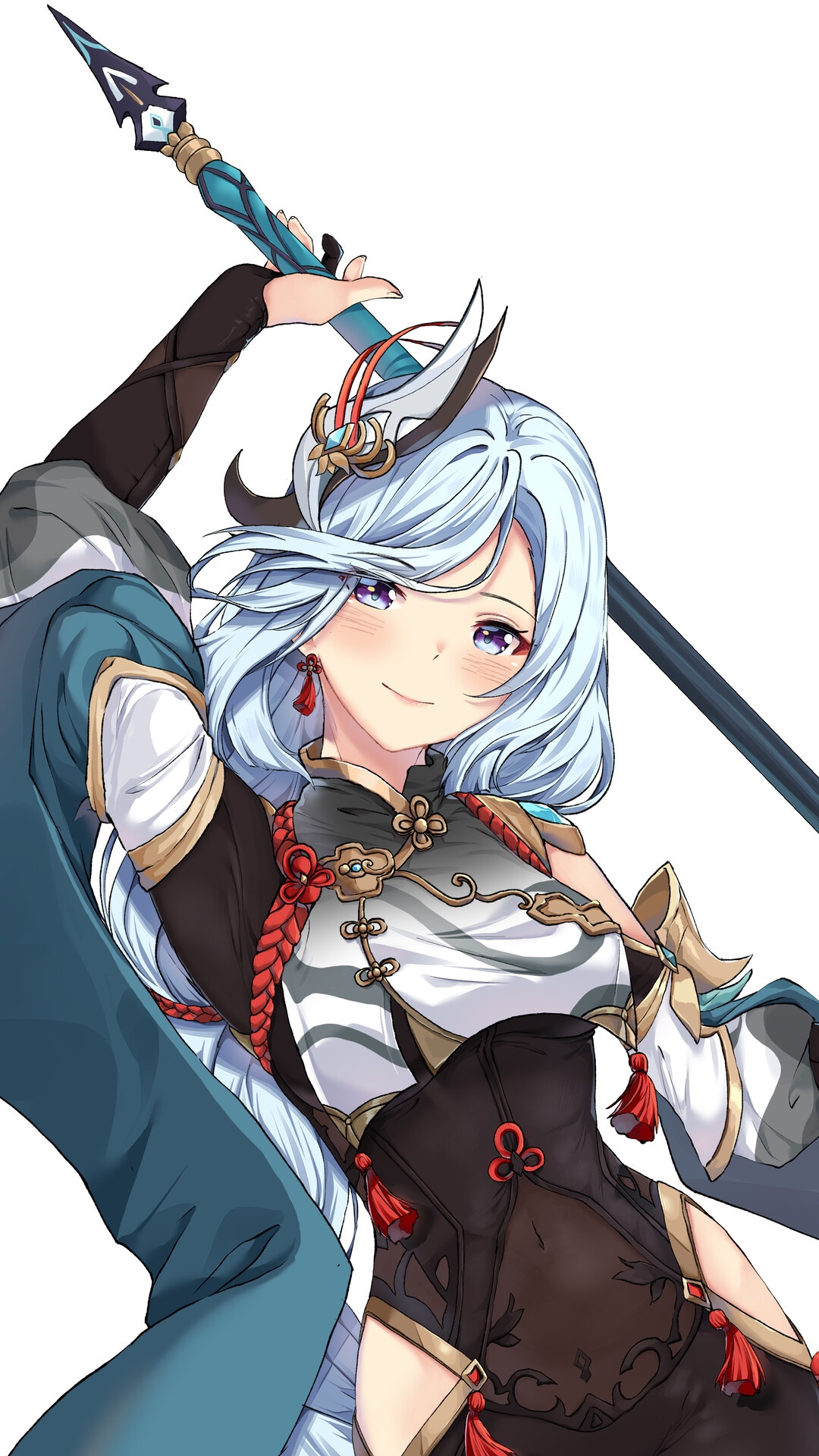 Shenhe from Genshin Impact holding a spear HD Phone Wallpaper