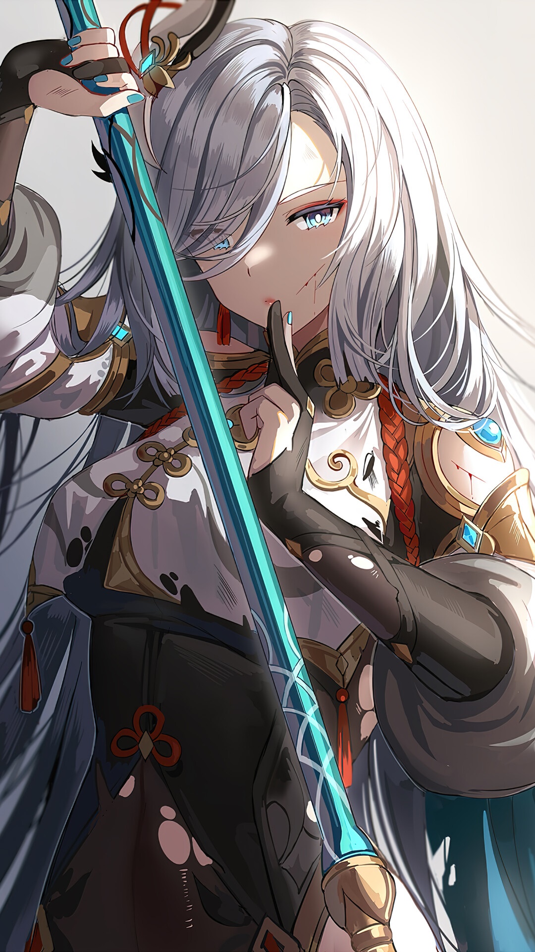 Shenhe from Genshin Impact holding a polearm HD Phone Wallpaper