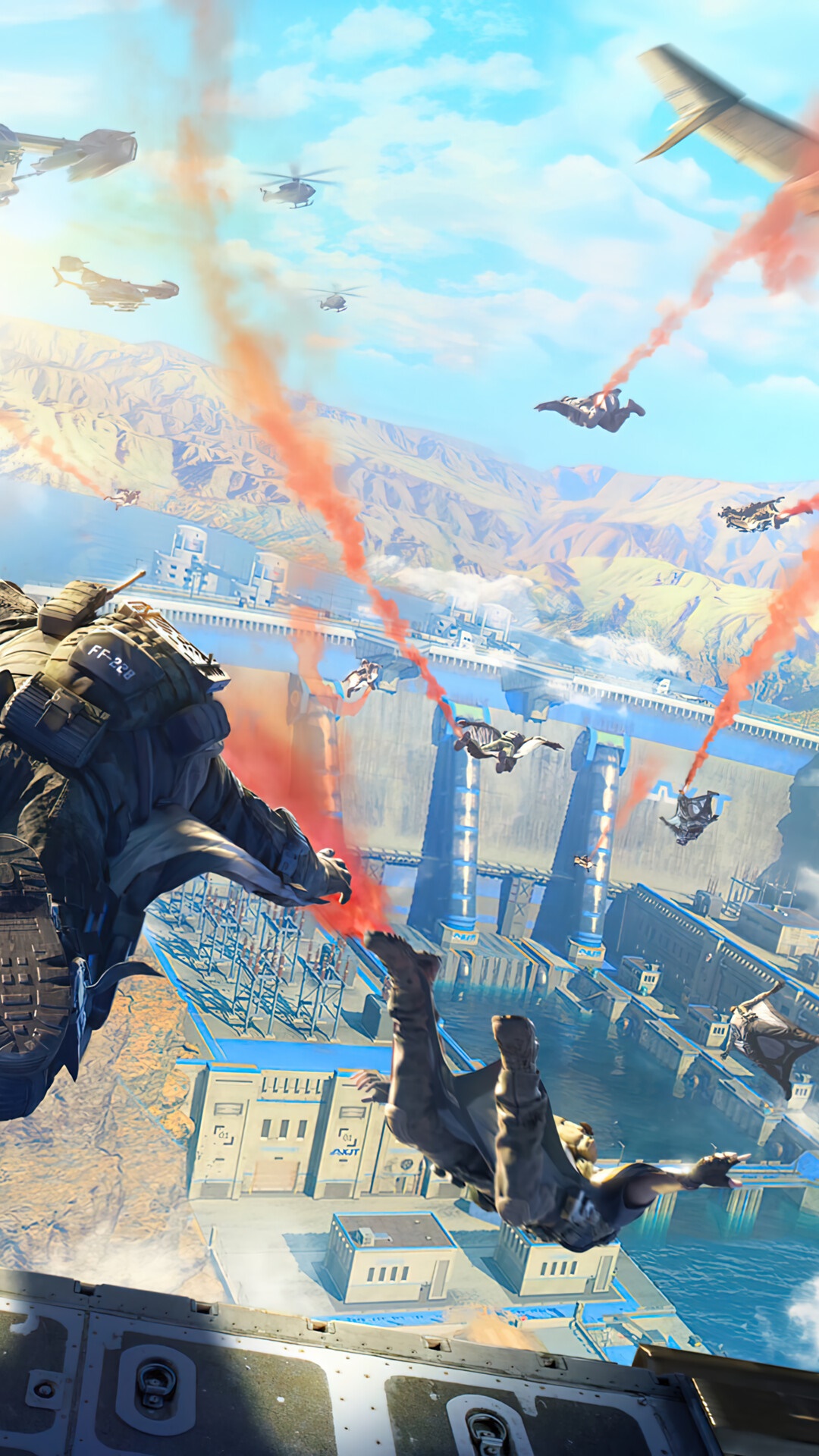 Call of Duty Mobile: Skydiving over a Dam HD Phone Wallpaper
