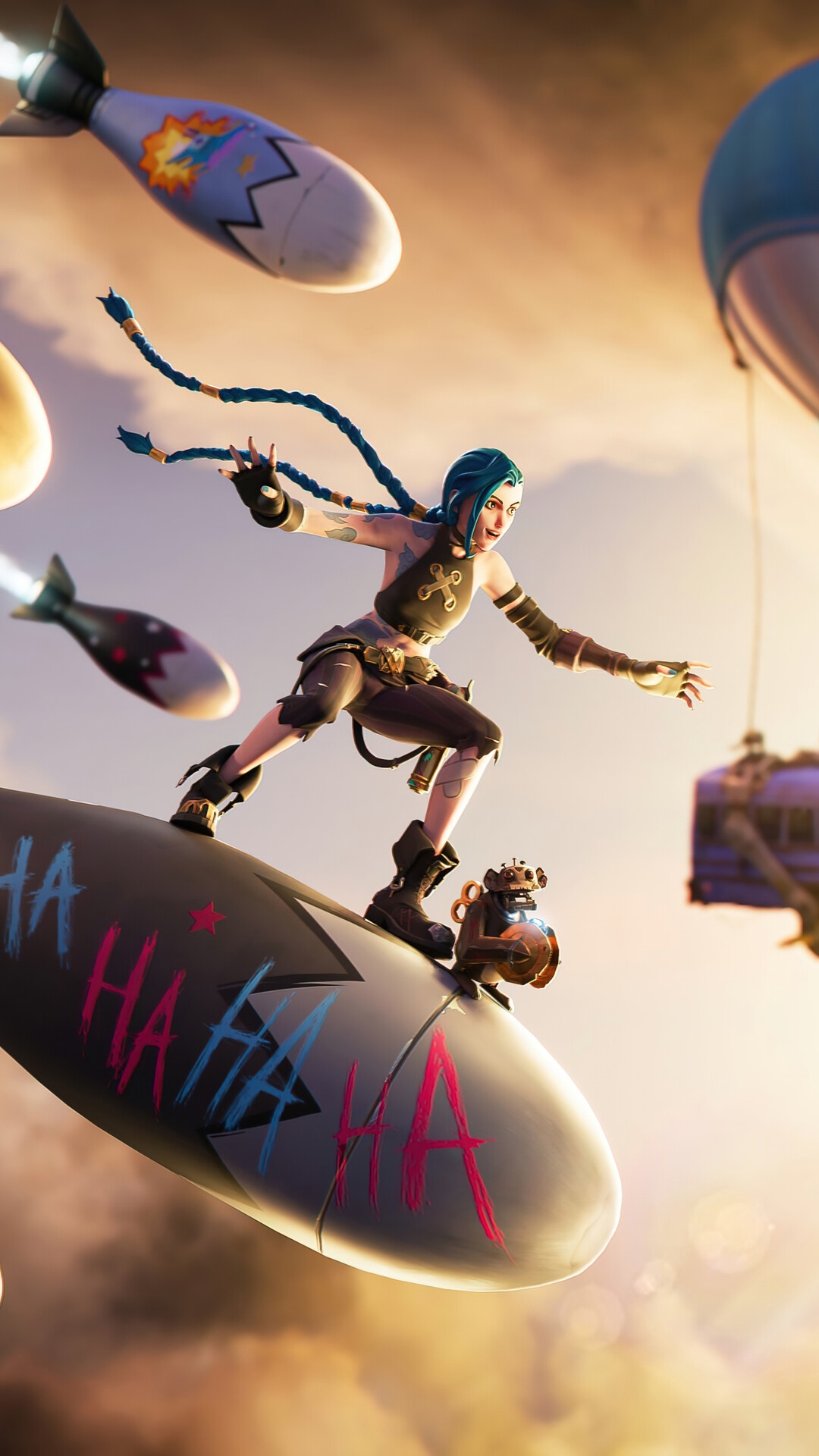 Jinx from Fortnite riding a bomb HD Phone Wallpaper