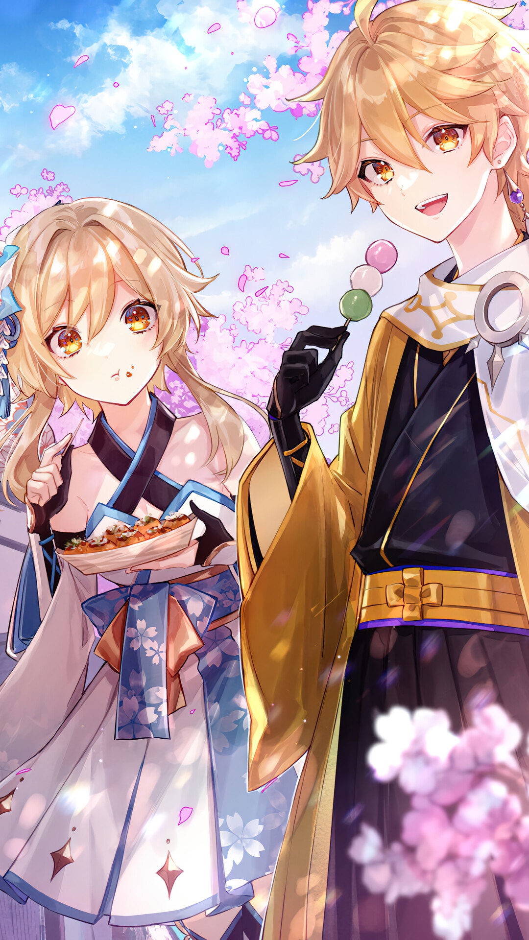 Aether and Lumine from Genshin Impact with Dango HD Phone Wallpaper