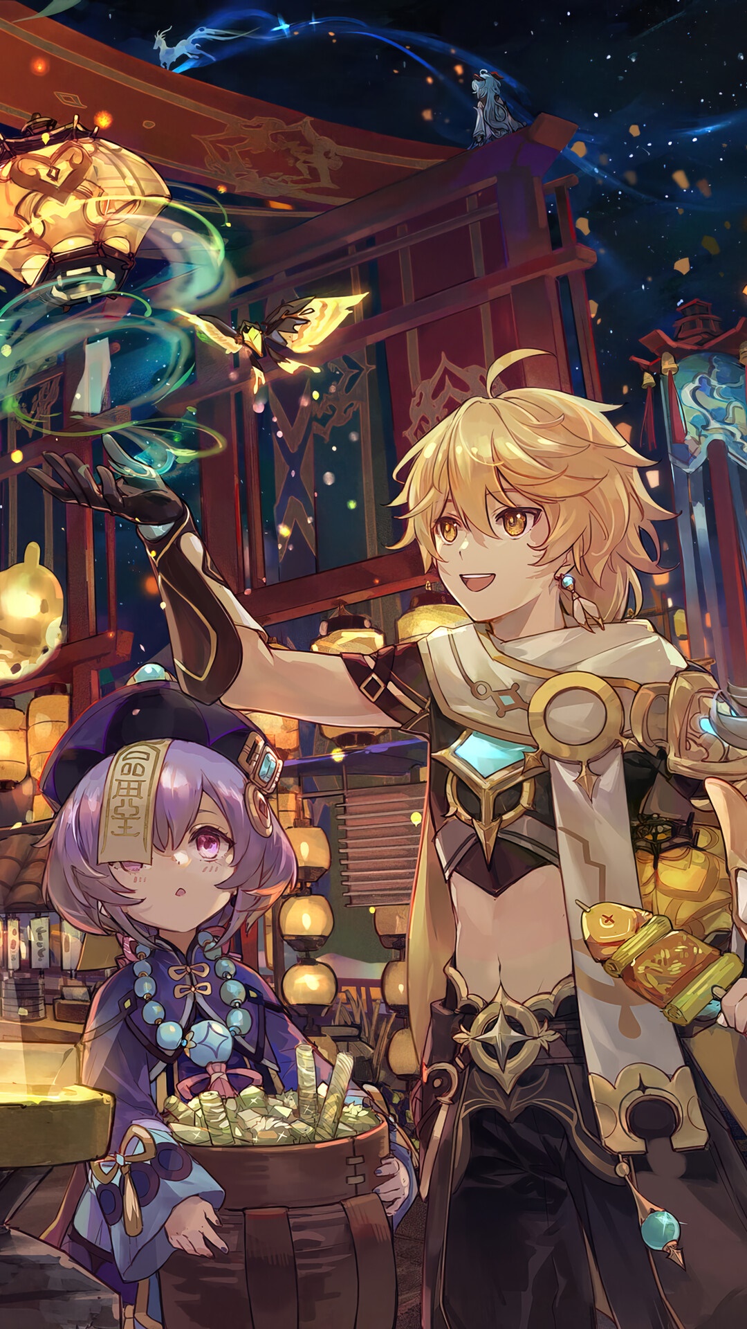 Aether and Qiqi from Genshin Impact at a Lantern Festival HD Phone Wallpaper