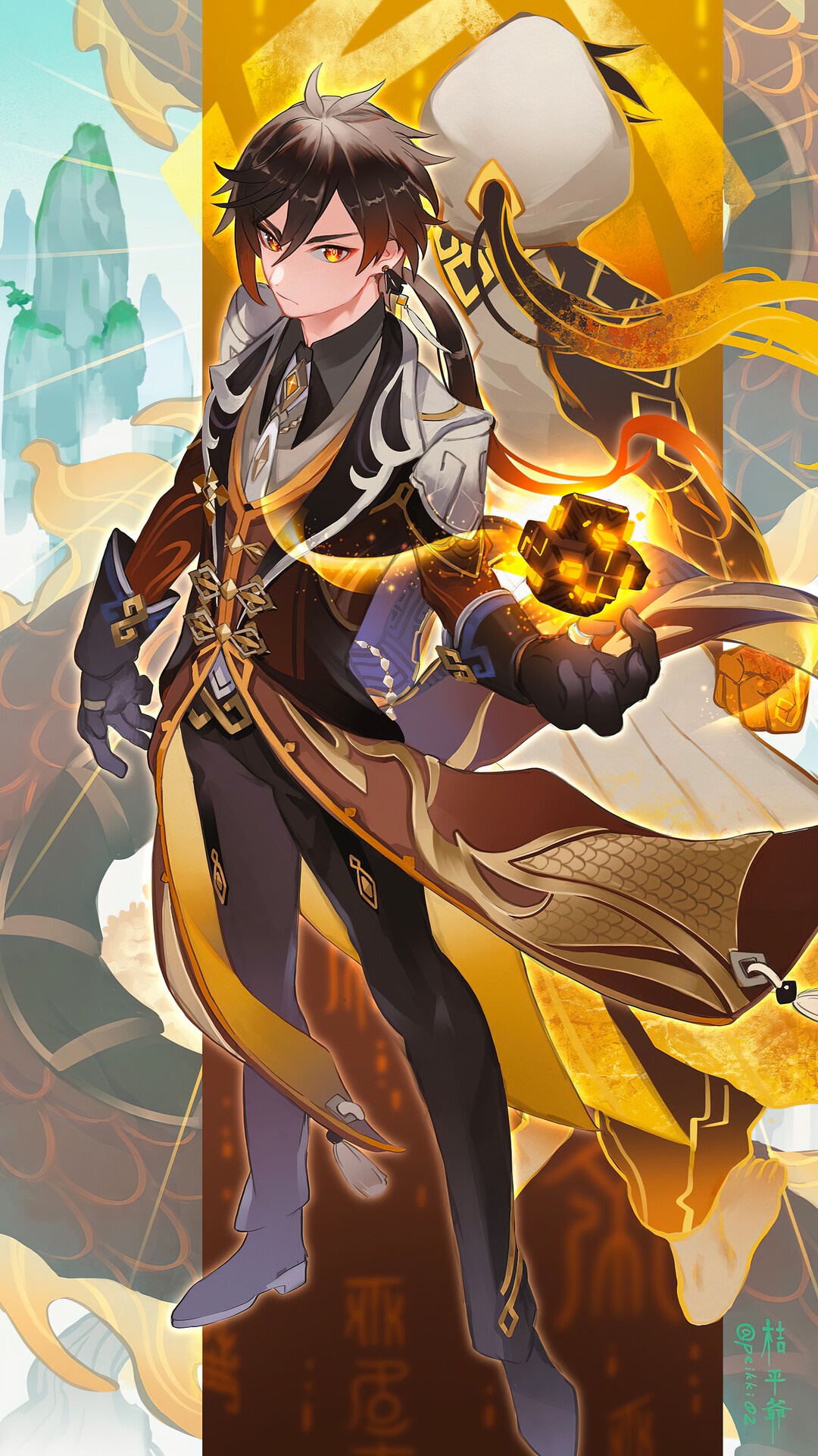 Zhongli from Genshin Impact holding a Geo cube HD Phone Wallpaper