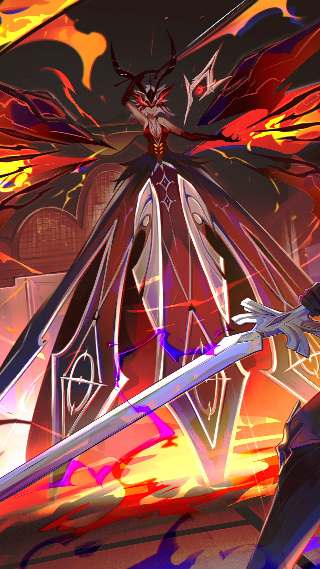 Character from Genshin Impact with fiery wings HD Phone Wallpaper