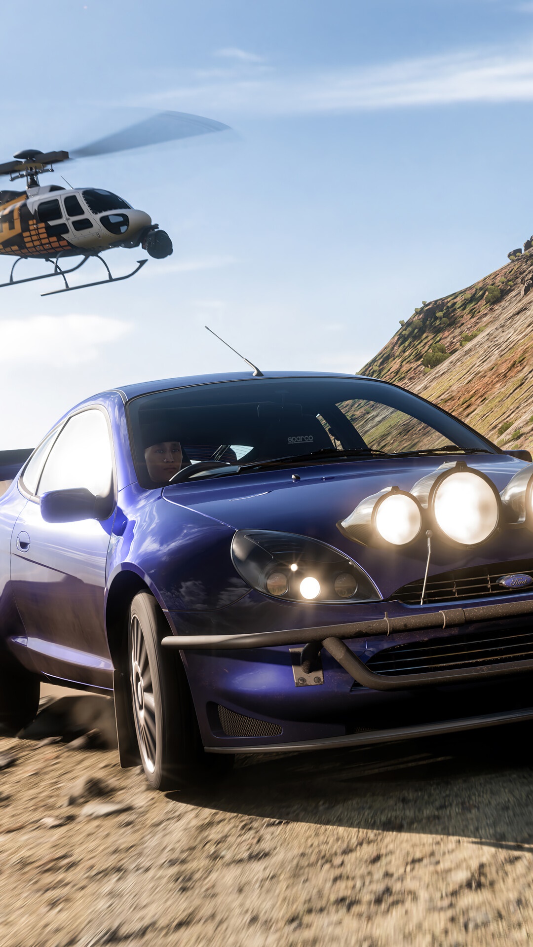 Forza Horizon 5: Blue Rally Car and Helicopter HD Phone Wallpaper