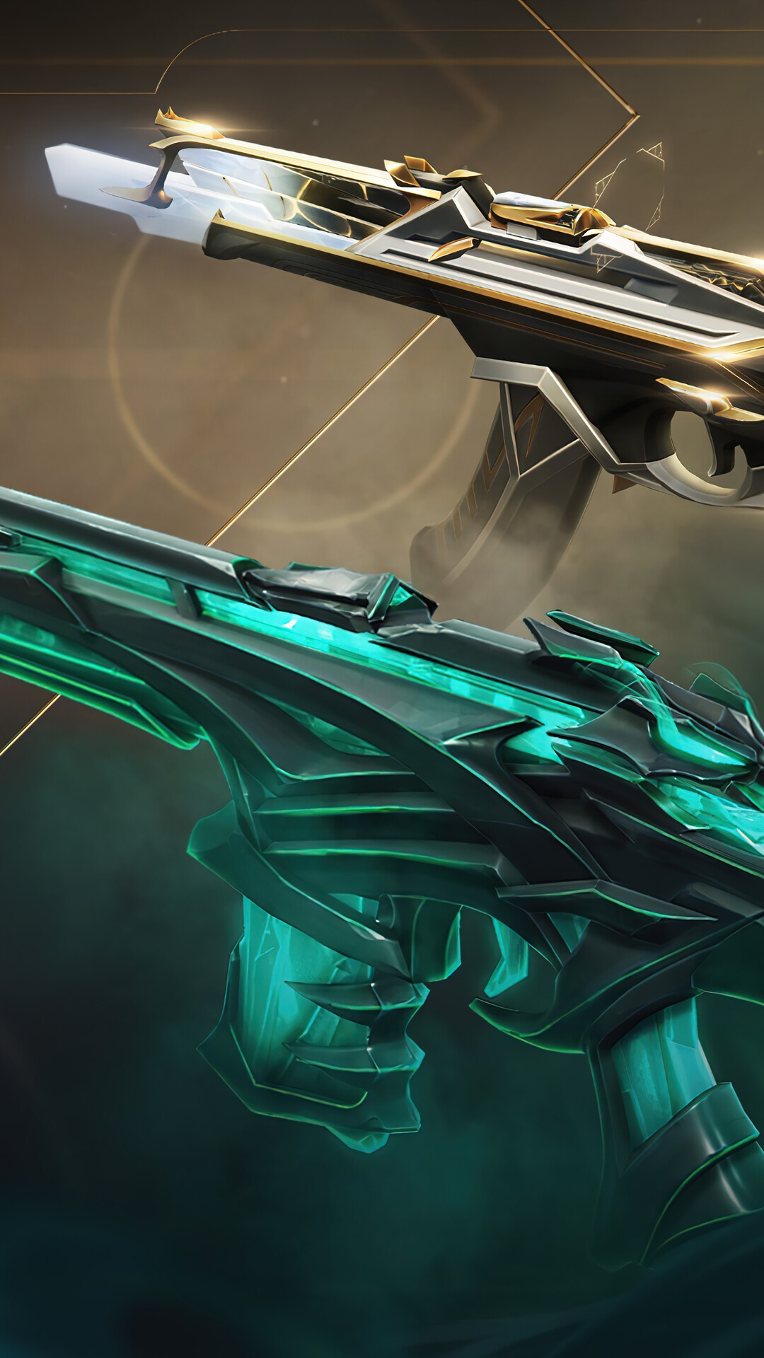 Valorant weapons with gold and teal skins HD Phone Wallpaper